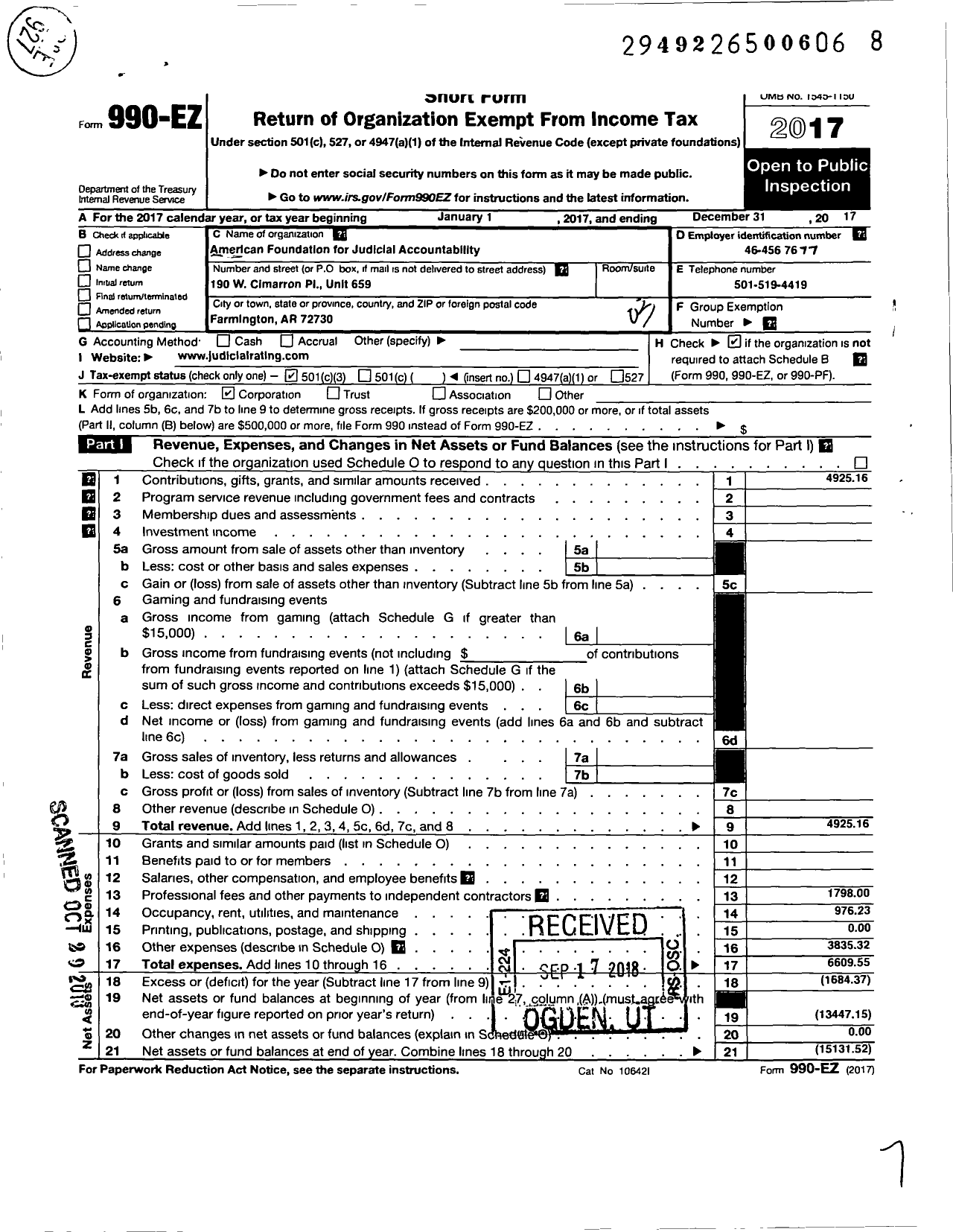 Image of first page of 2017 Form 990EZ for American Foundation for Judicial Accountability