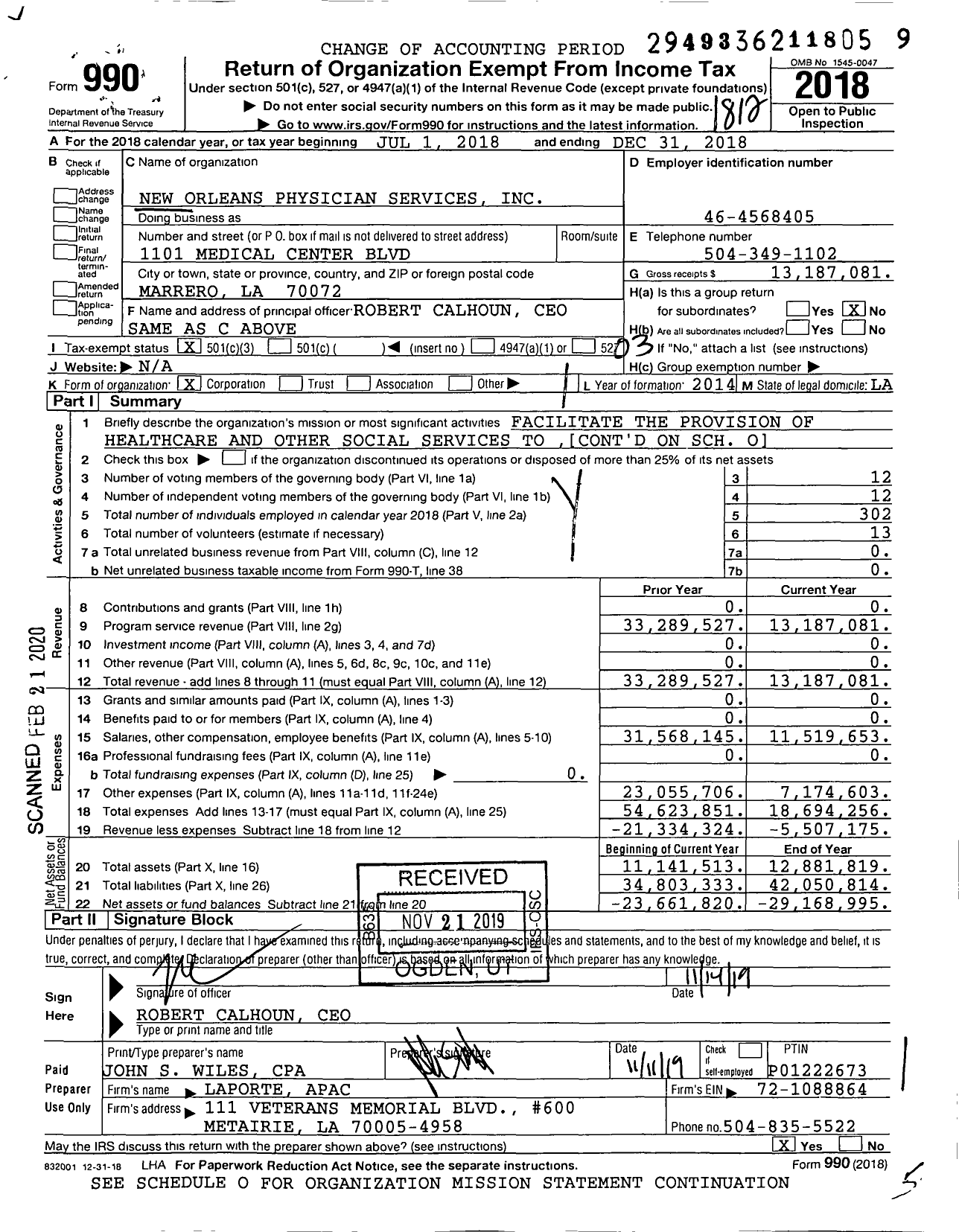 Image of first page of 2018 Form 990 for West Jefferson Medical Center