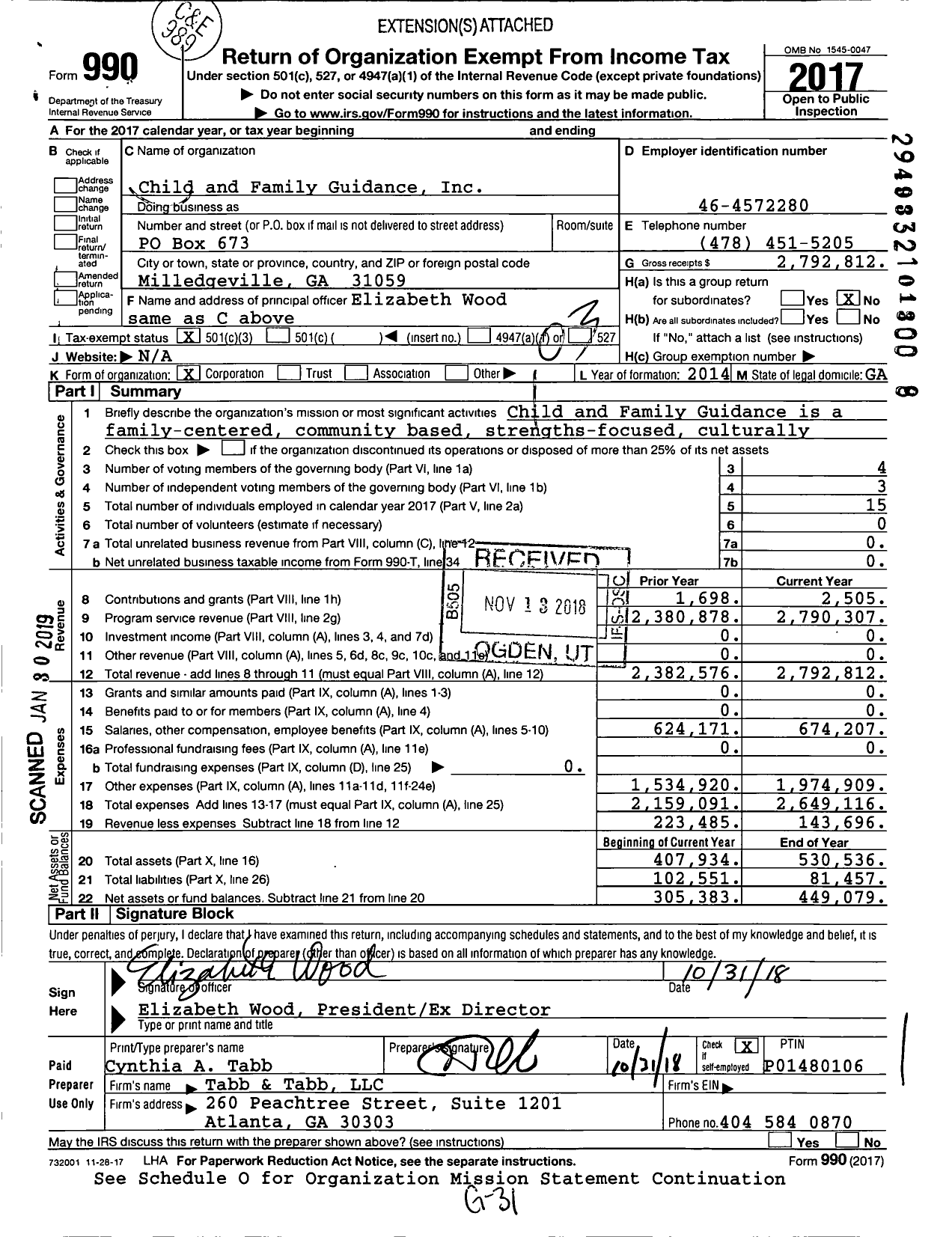 Image of first page of 2017 Form 990 for Child and Family Guidance
