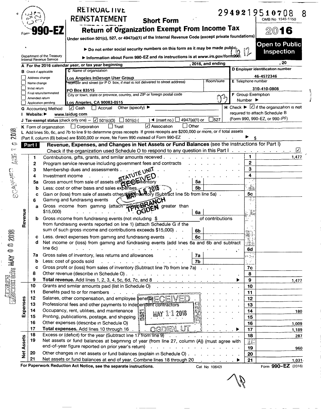 Image of first page of 2016 Form 990EZ for Los Angeles Indesign User Group