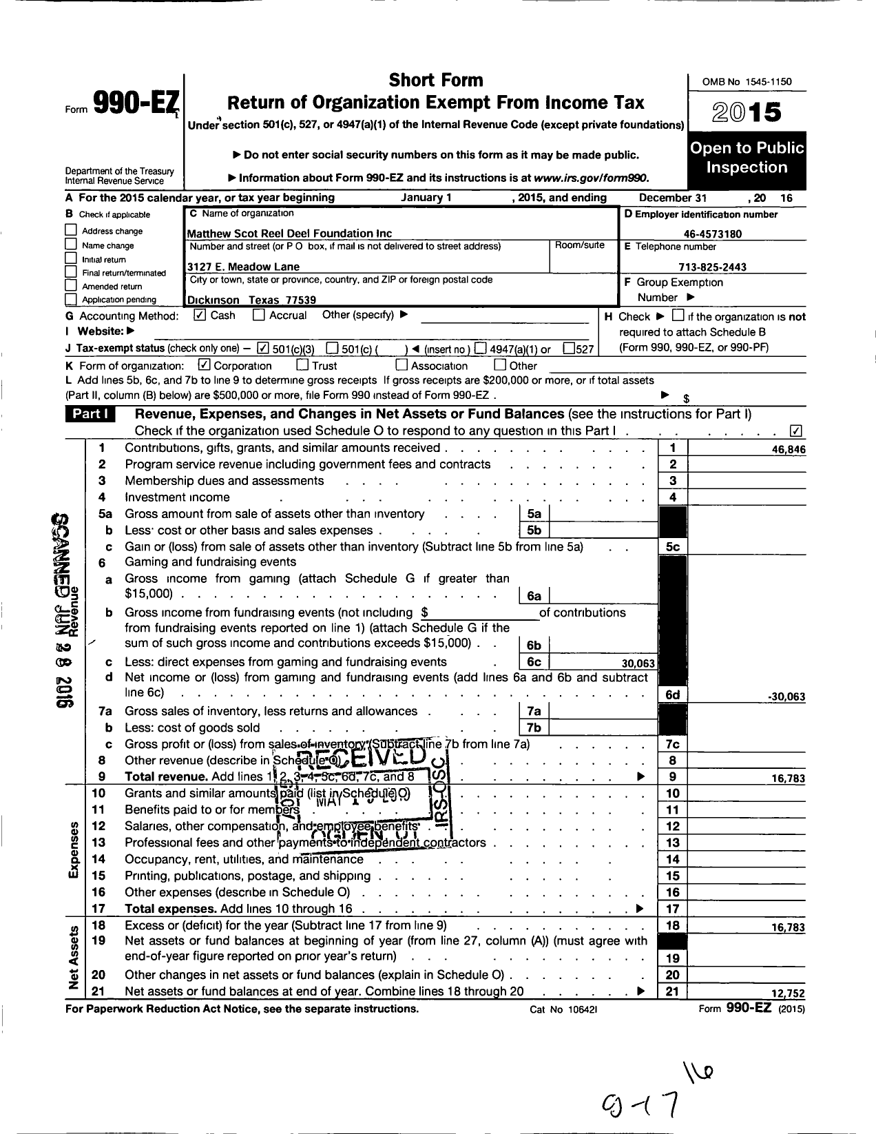 Image of first page of 2016 Form 990EZ for The Griffith Family Foundation