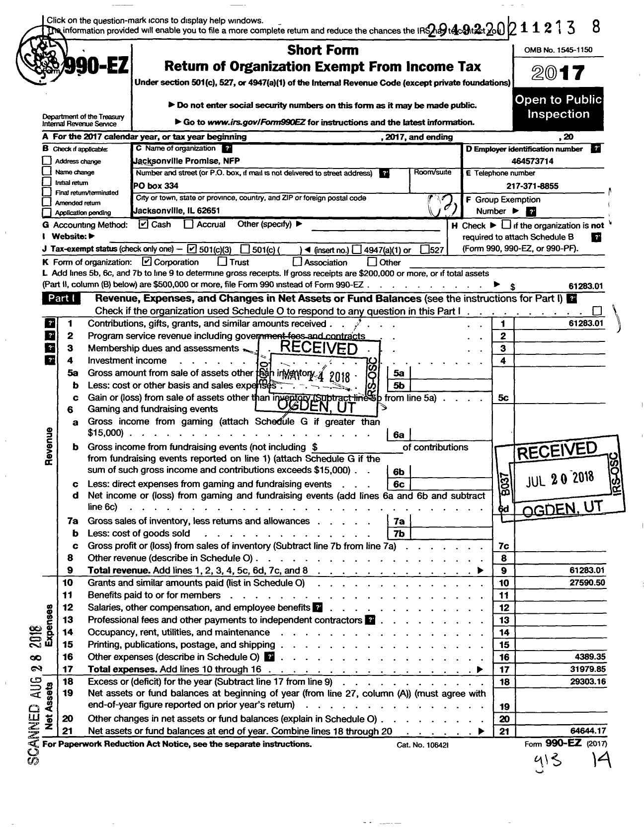 Image of first page of 2017 Form 990EZ for Jacksonville Promise NFP