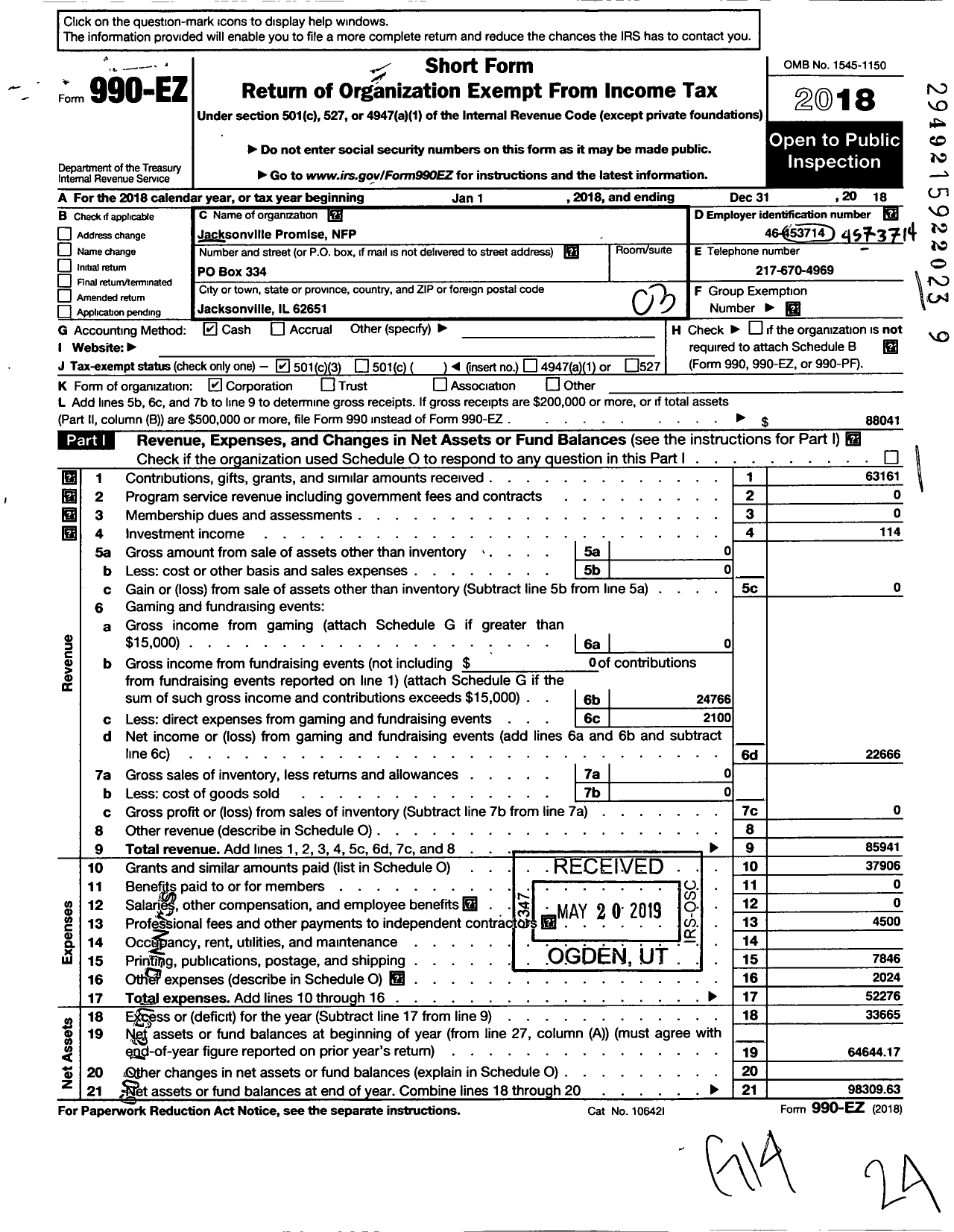 Image of first page of 2018 Form 990EZ for Jacksonville Promise NFP