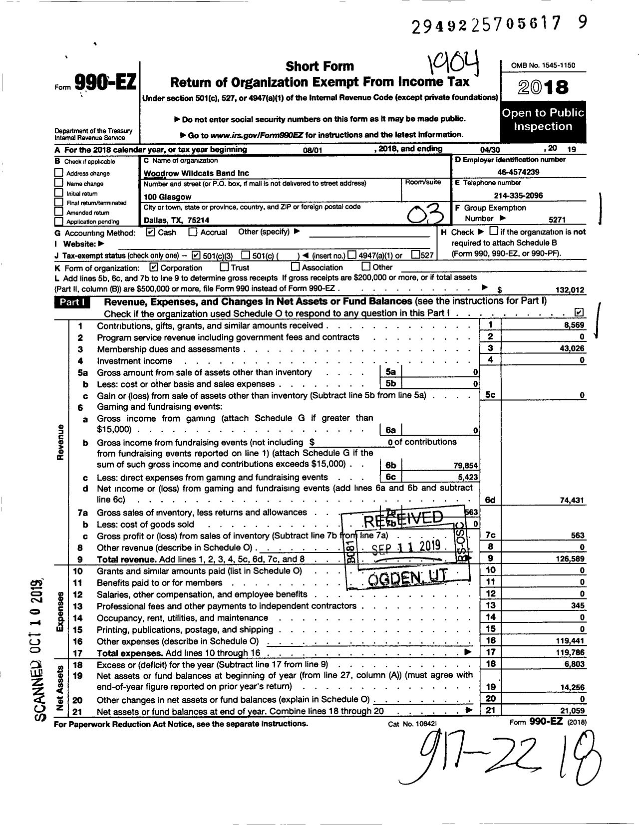 Image of first page of 2018 Form 990EZ for Woodrow Wildcat Band Boosters