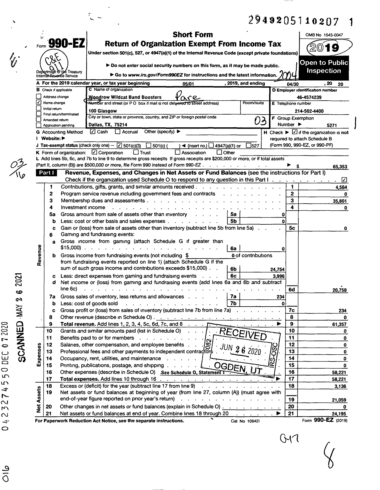 Image of first page of 2019 Form 990EZ for Woodrow Wildcat Band Boosters