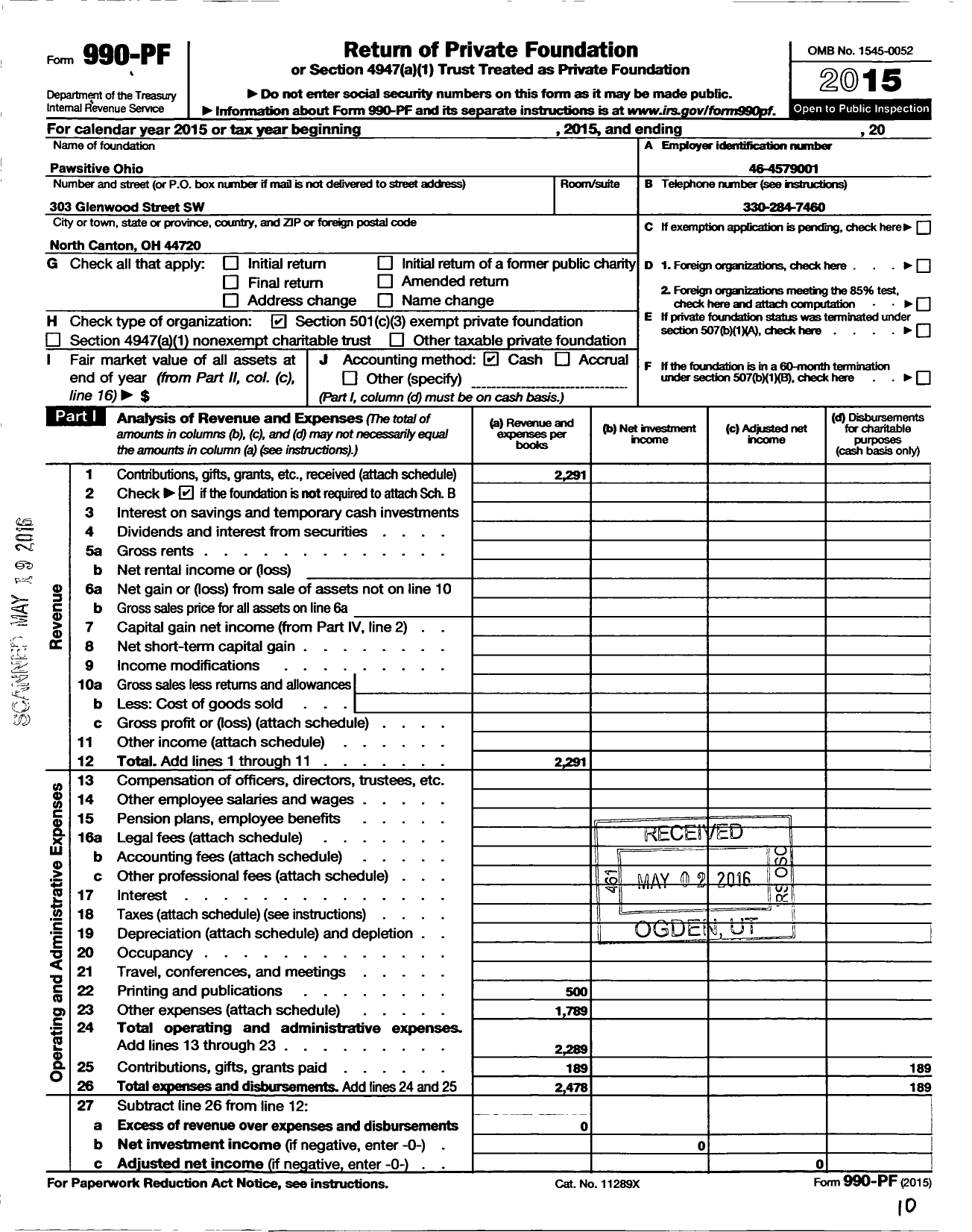 Image of first page of 2015 Form 990PF for Pawsitive Ohio