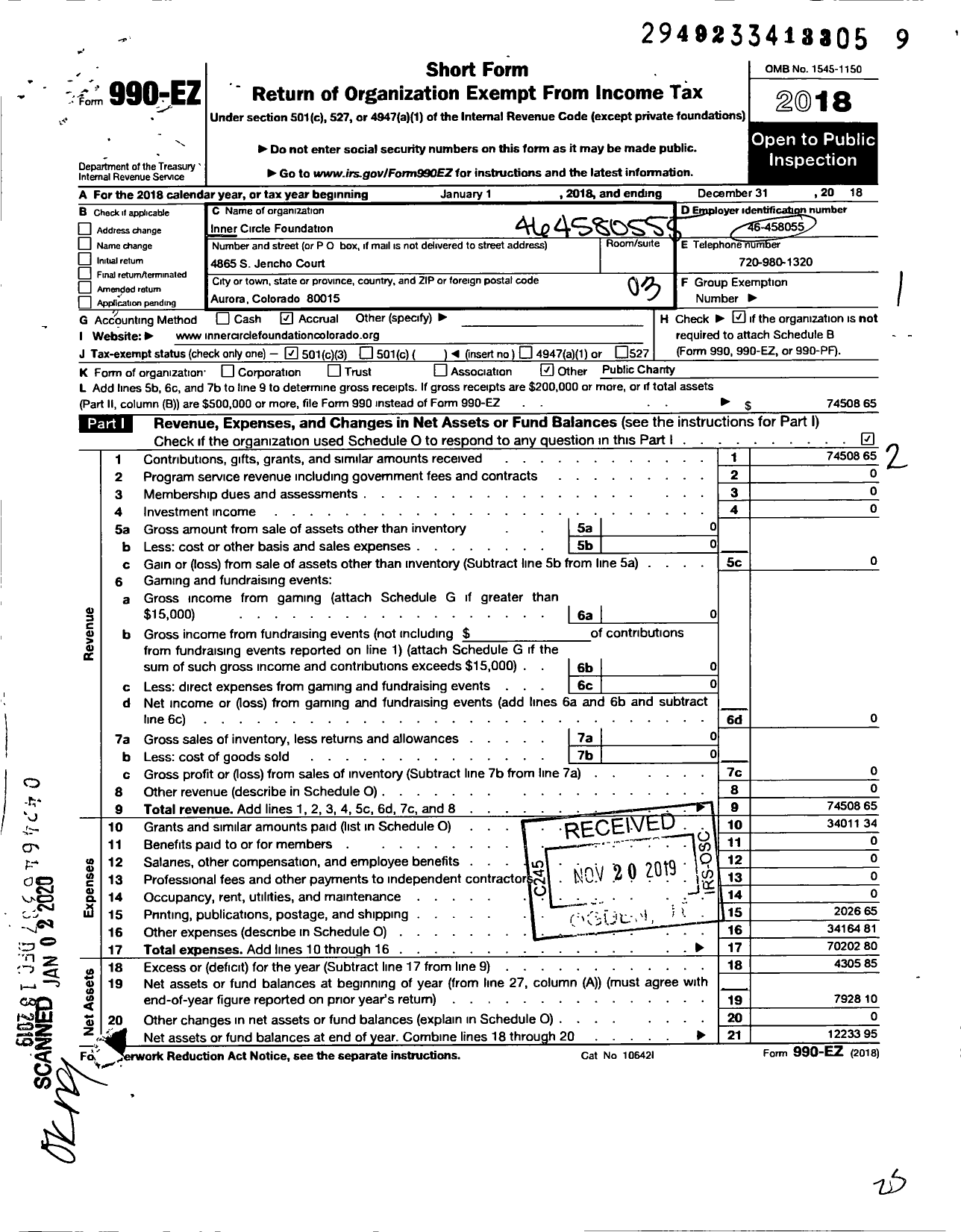 Image of first page of 2018 Form 990EZ for Inner Circle Foundation