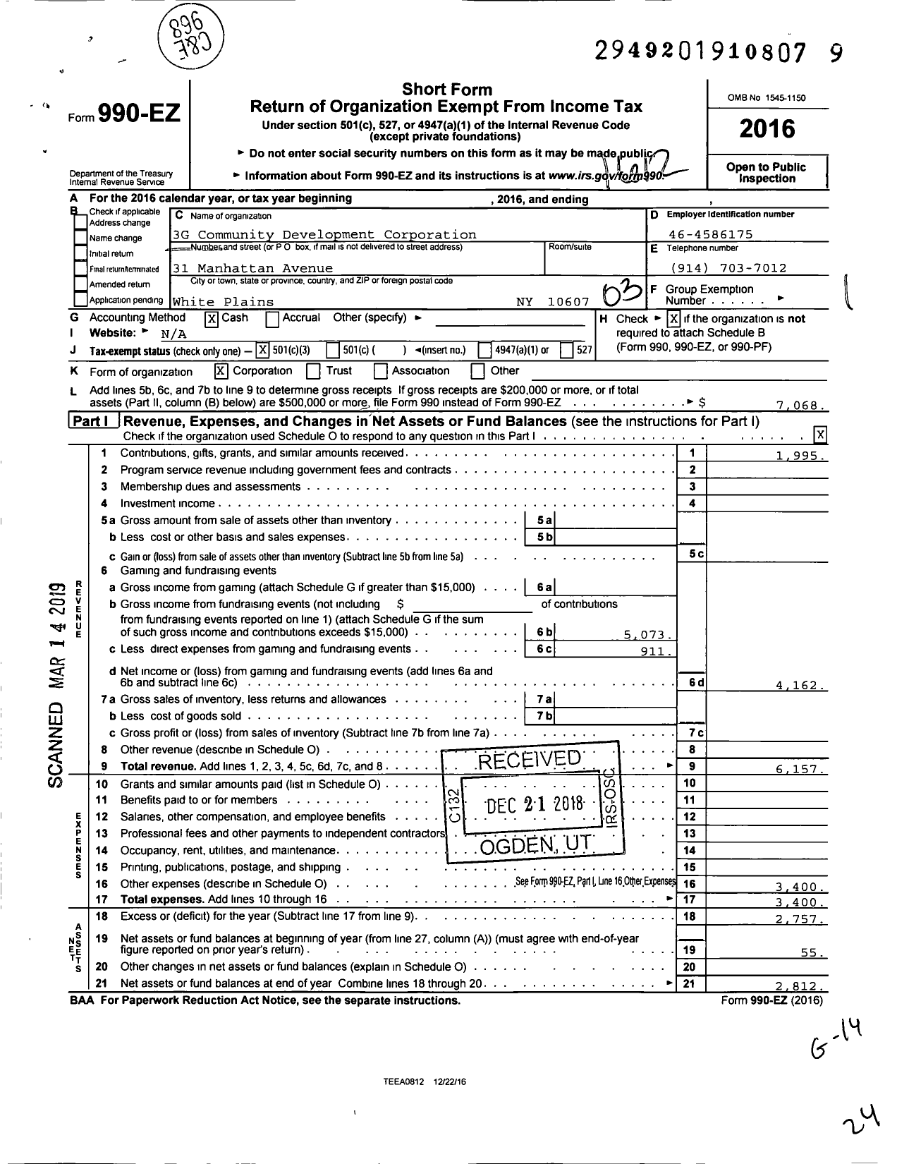 Image of first page of 2016 Form 990EZ for 3G Community Development Corporation