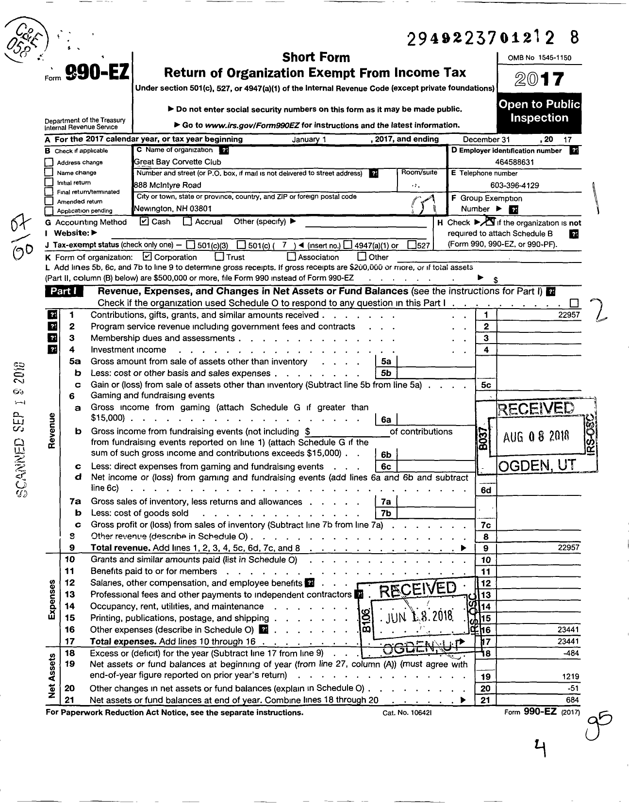 Image of first page of 2017 Form 990EO for Great Bay Corvette Club