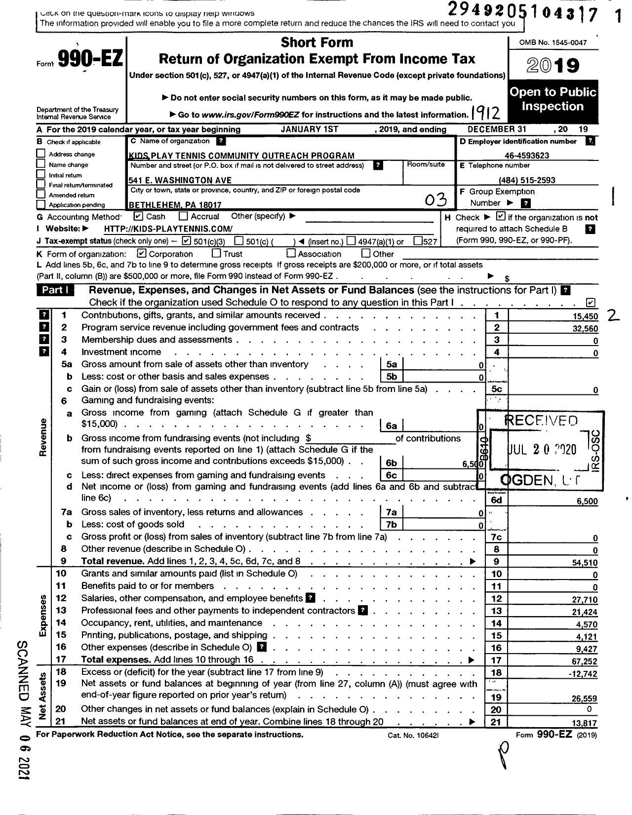 Image of first page of 2019 Form 990EZ for Kids Play Tennis Community Outreach Program