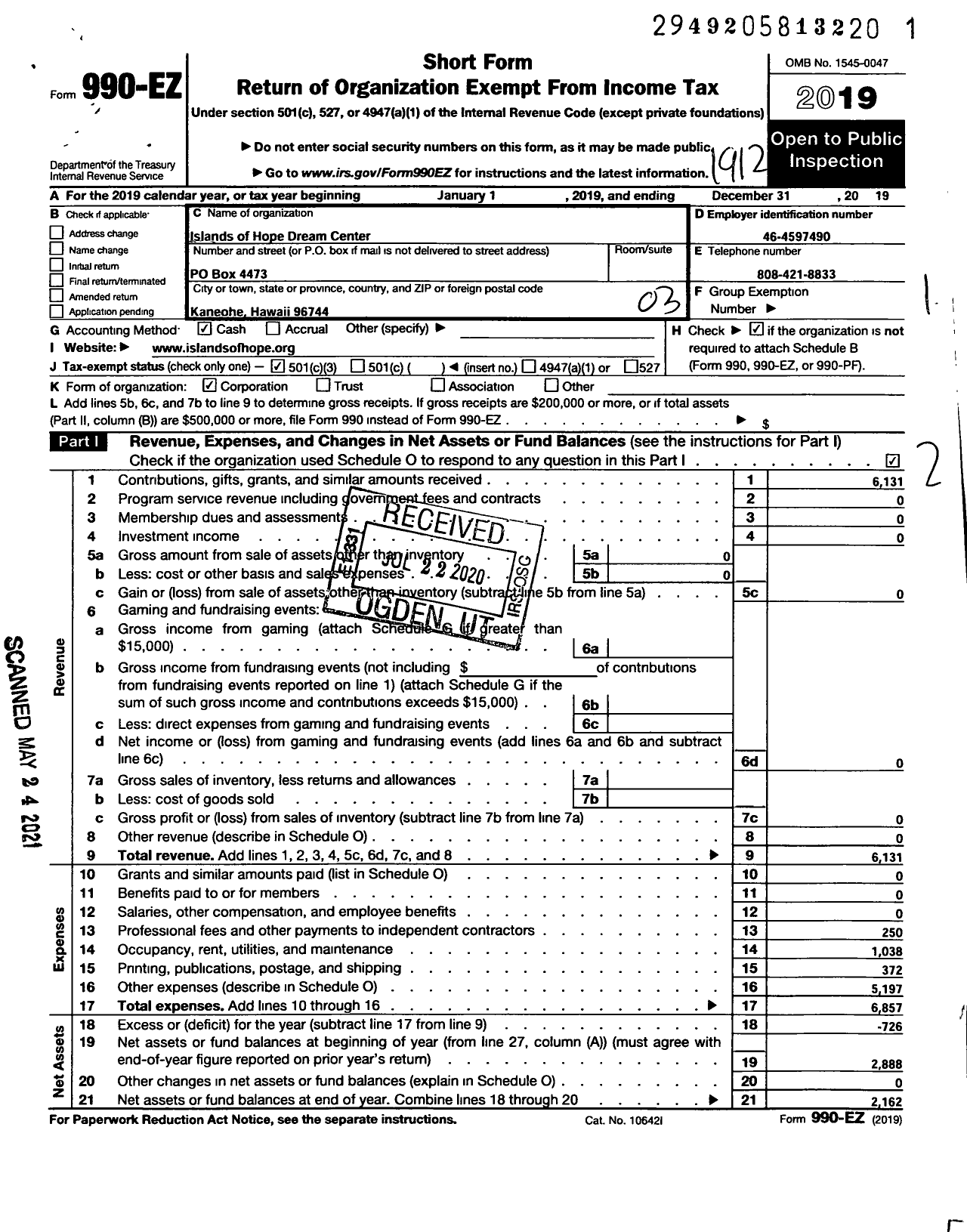 Image of first page of 2019 Form 990EZ for Islands of Hope Dream Center