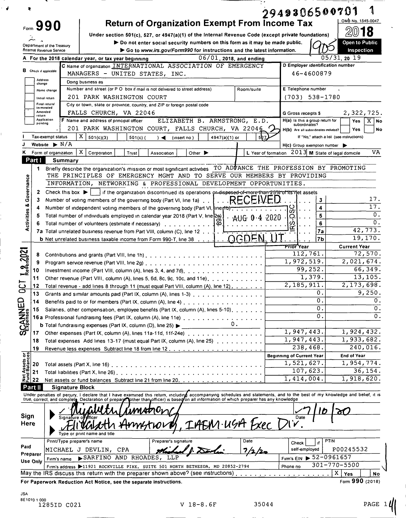 Image of first page of 2018 Form 990 for International Association of Emergency Managers - United States