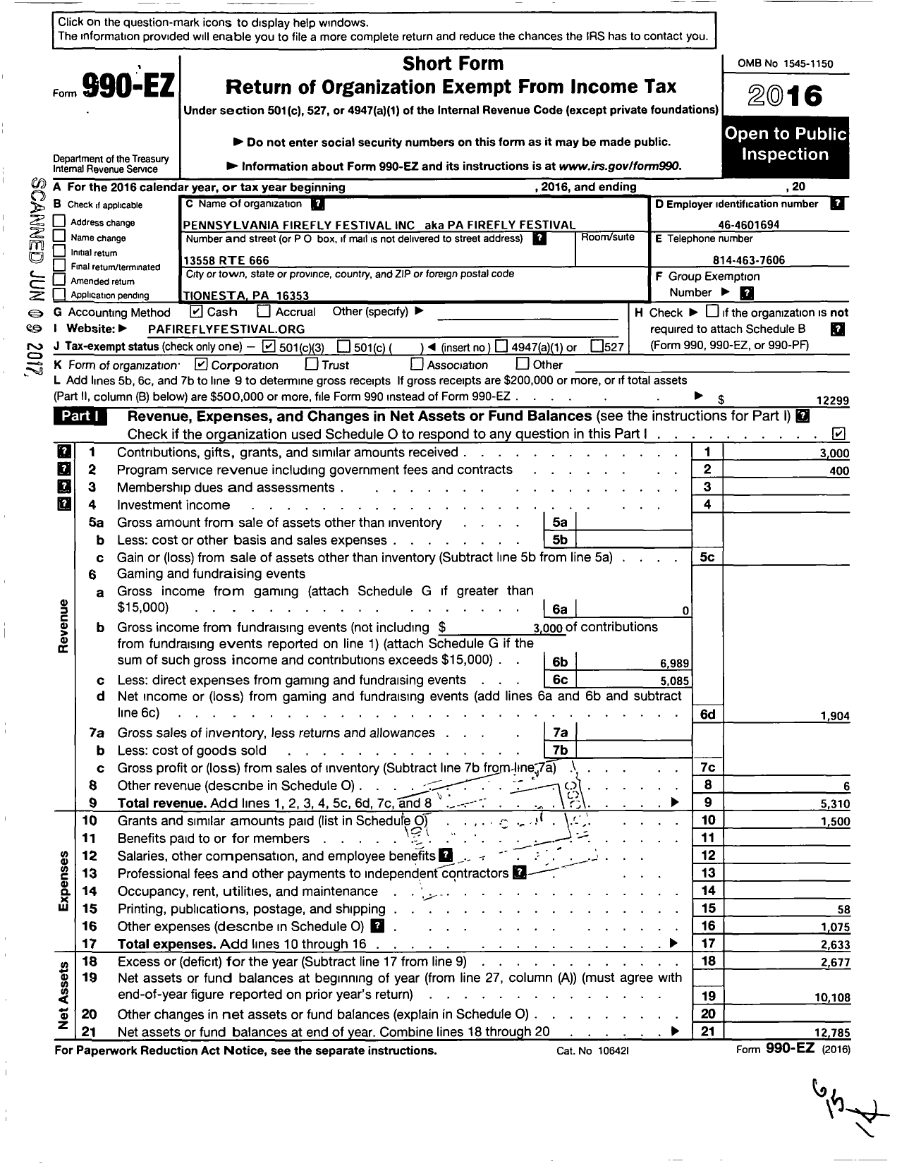 Image of first page of 2016 Form 990EZ for Pennsylvania Firefly Festival