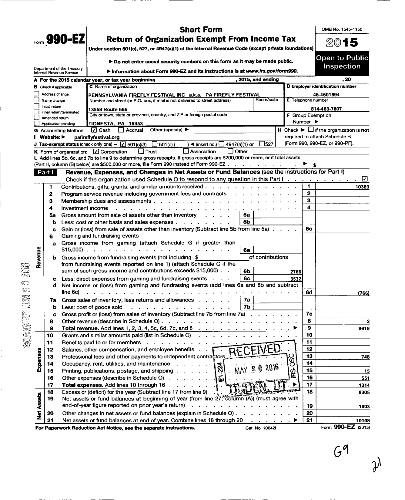 Image of first page of 2015 Form 990EZ for Pennsylvania Firefly Festival