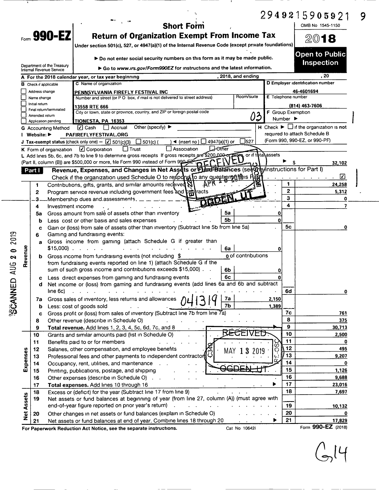 Image of first page of 2018 Form 990EZ for Pennsylvania Firefly Festival