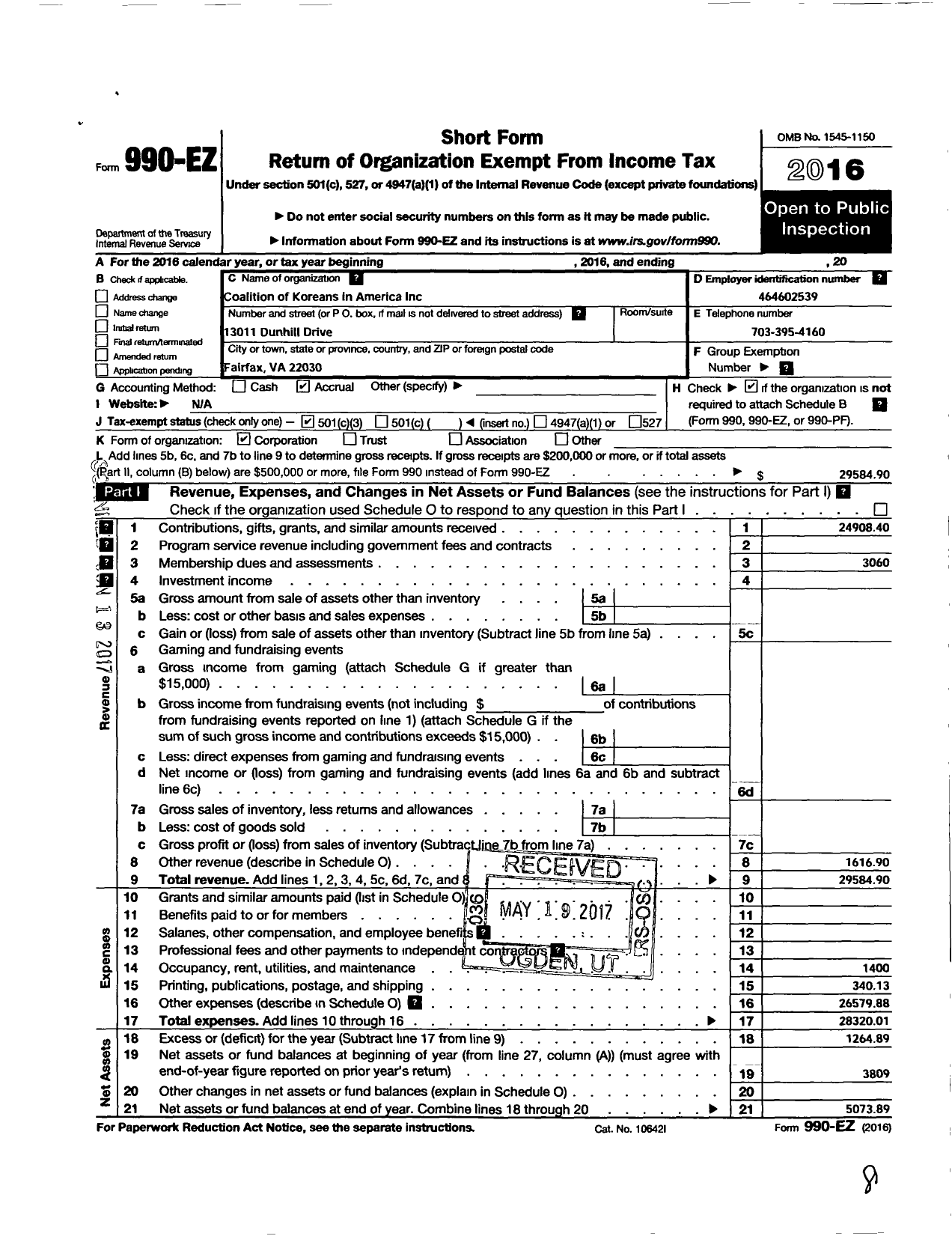 Image of first page of 2016 Form 990EZ for Coalition of Koreans in America (COKA)