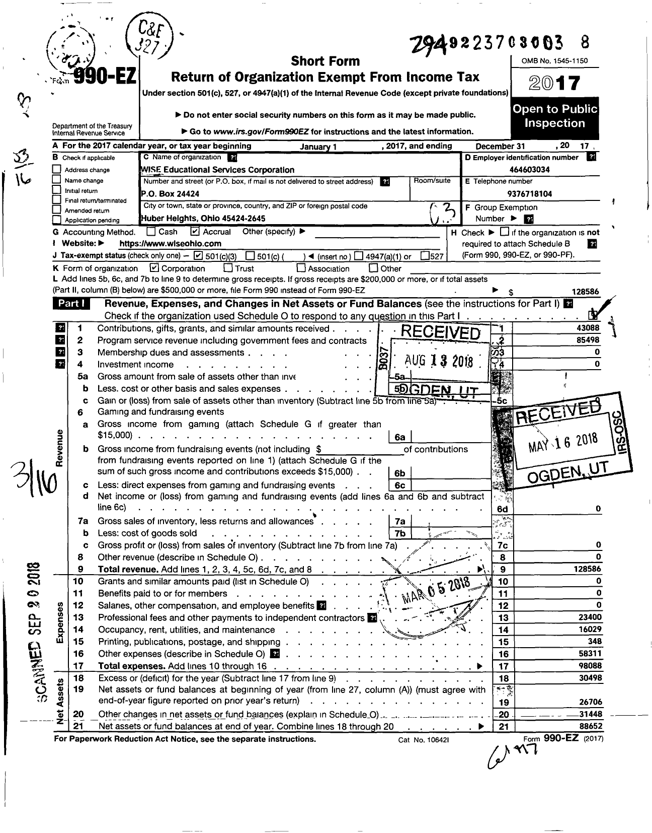 Image of first page of 2017 Form 990EZ for Wise Educational Services Corporation