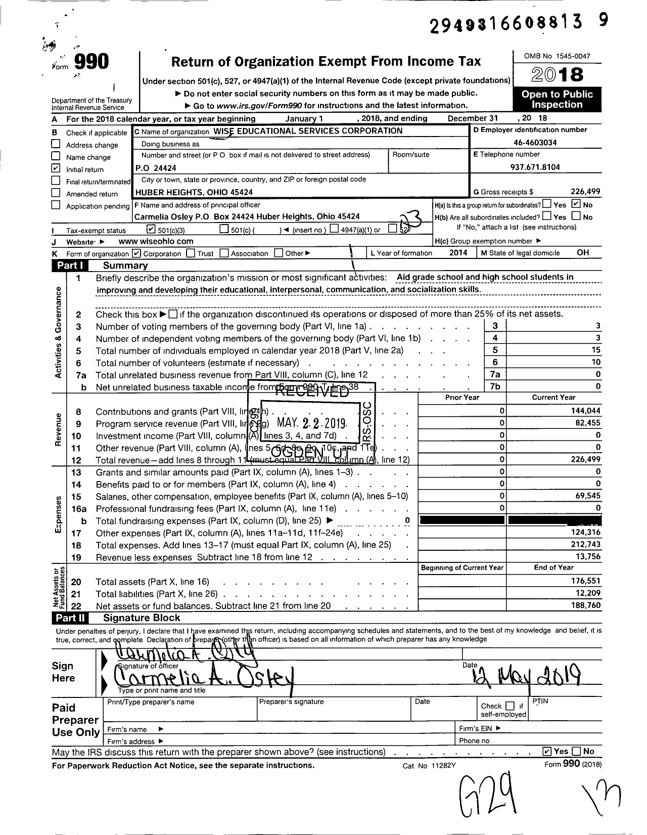 Image of first page of 2018 Form 990 for Wise Educational Services Corporation