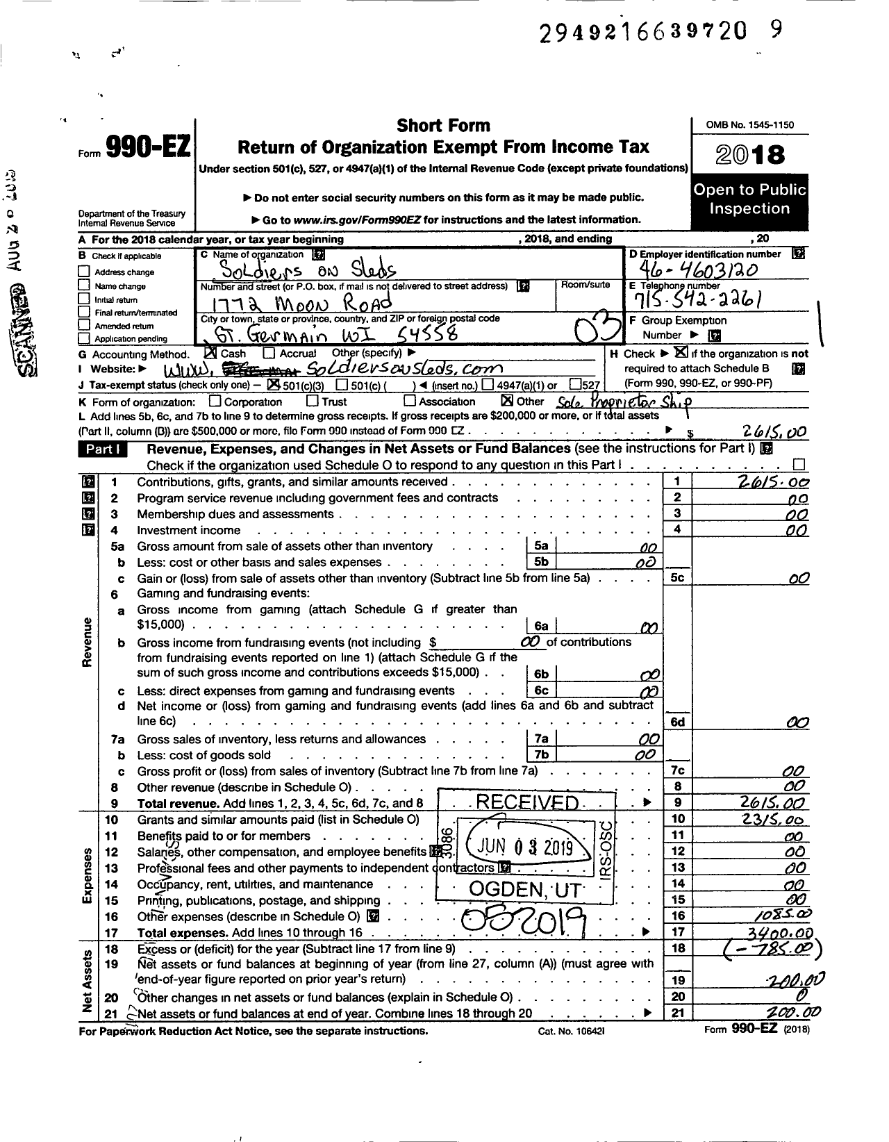 Image of first page of 2018 Form 990EZ for Soldiers on Sleds