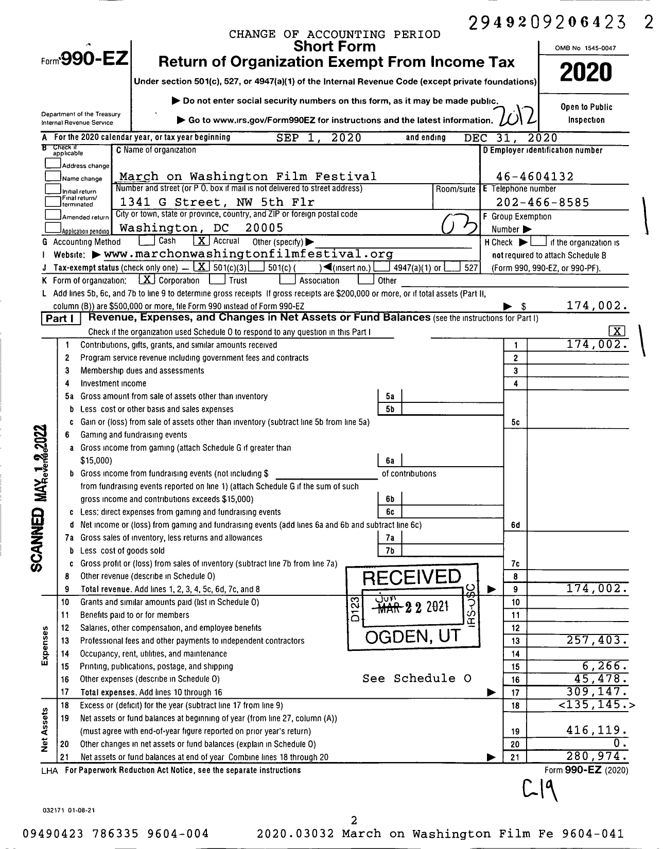 Image of first page of 2020 Form 990EZ for March on Washington Film Festival