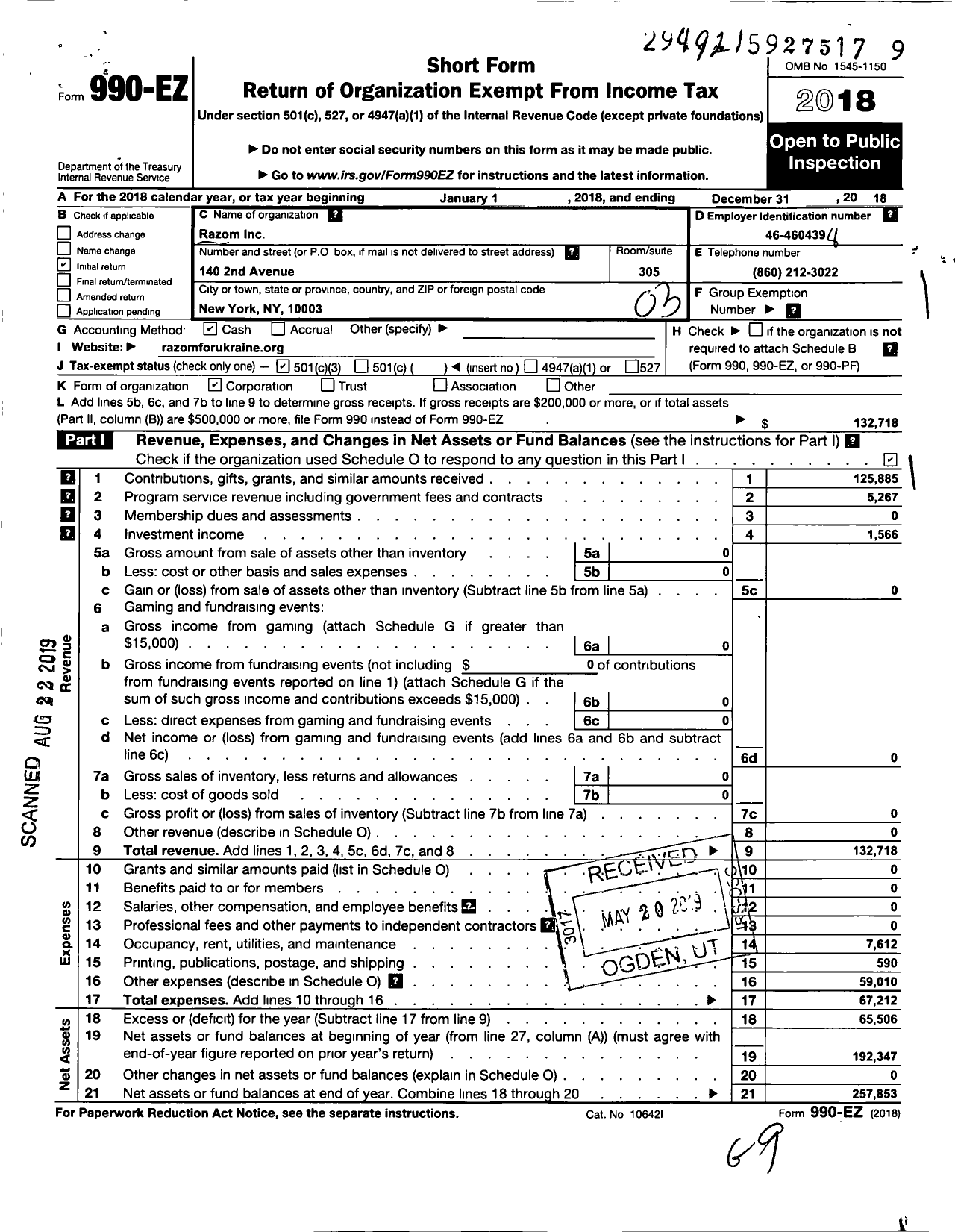 Image of first page of 2018 Form 990EZ for Razom