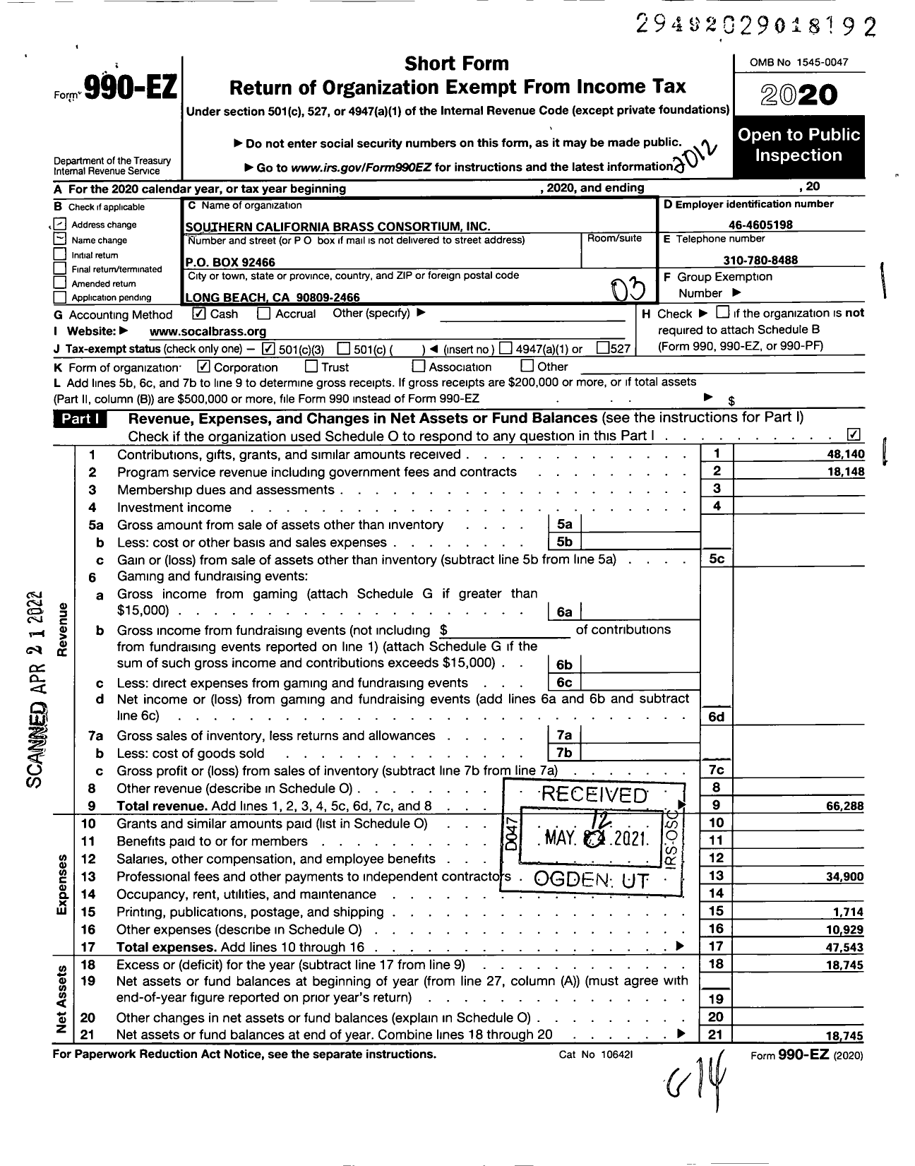 Image of first page of 2020 Form 990EZ for Southern California Brass Consortium