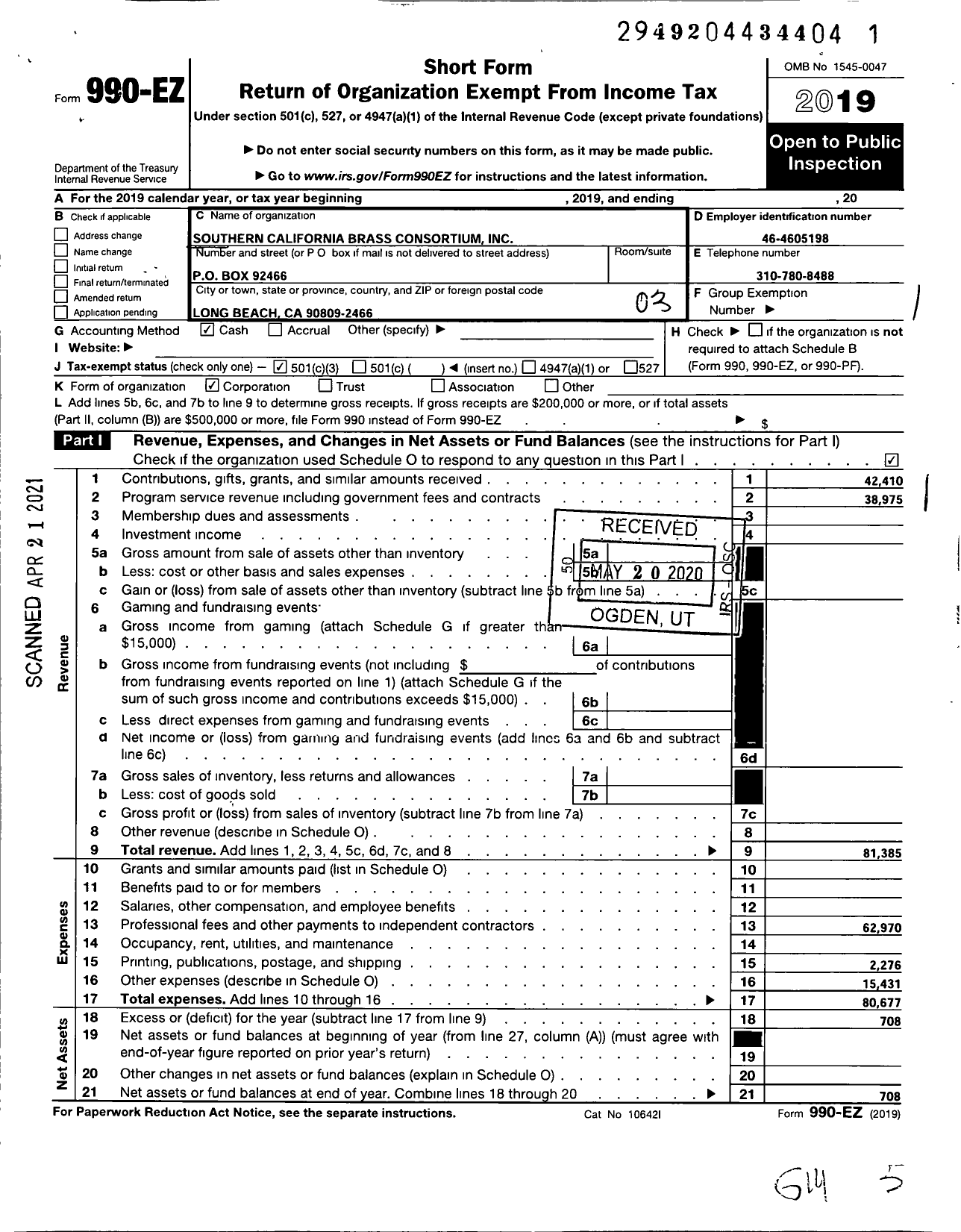 Image of first page of 2019 Form 990EZ for Southern California Brass Consortium