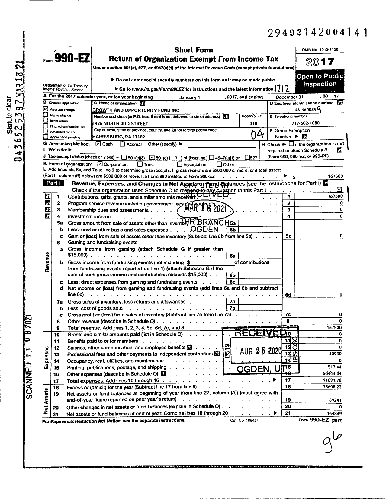 Image of first page of 2017 Form 990EO for Growth and Opportunity Fund