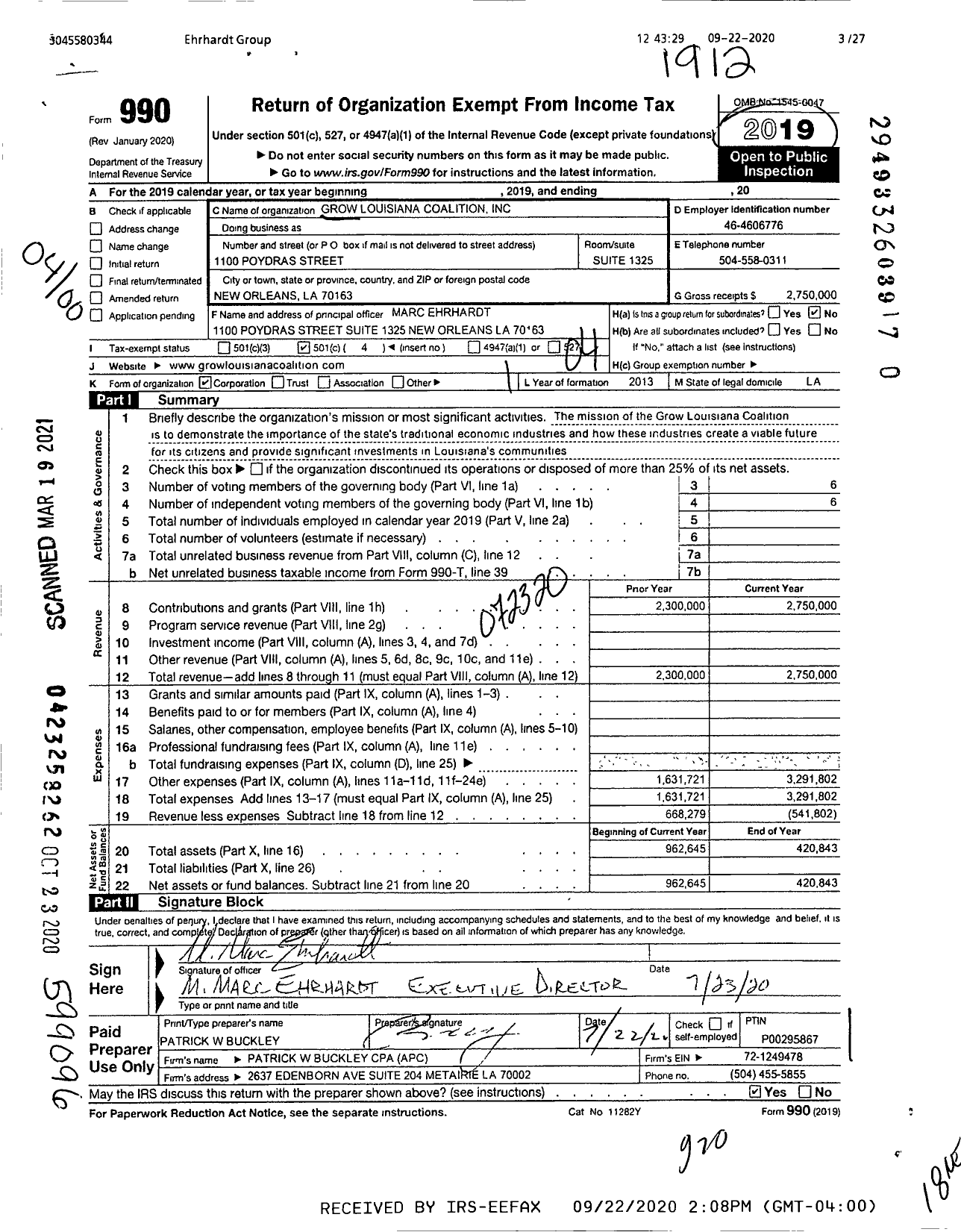 Image of first page of 2019 Form 990O for Grow Louisiana Coalition