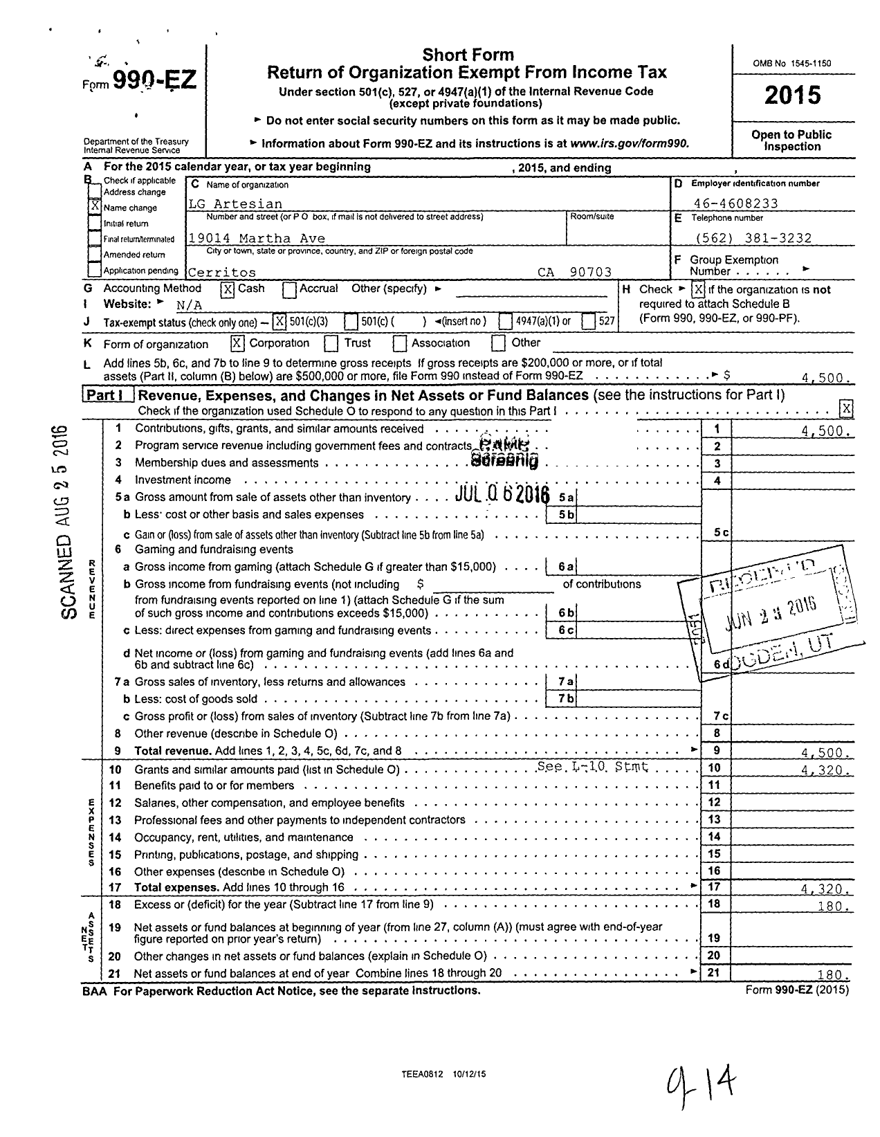 Image of first page of 2015 Form 990EZ for LG Artesian