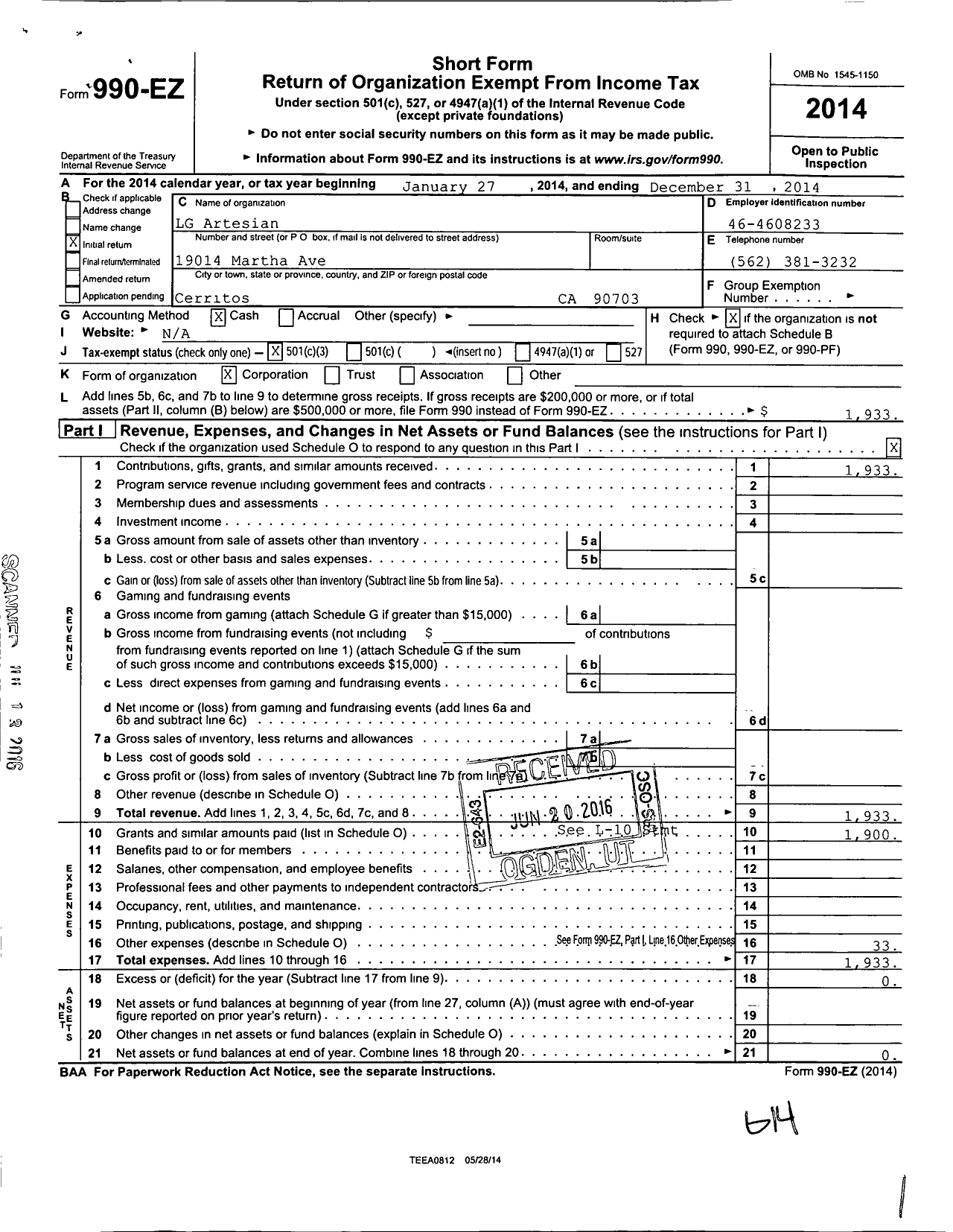 Image of first page of 2014 Form 990EZ for LG Artesian