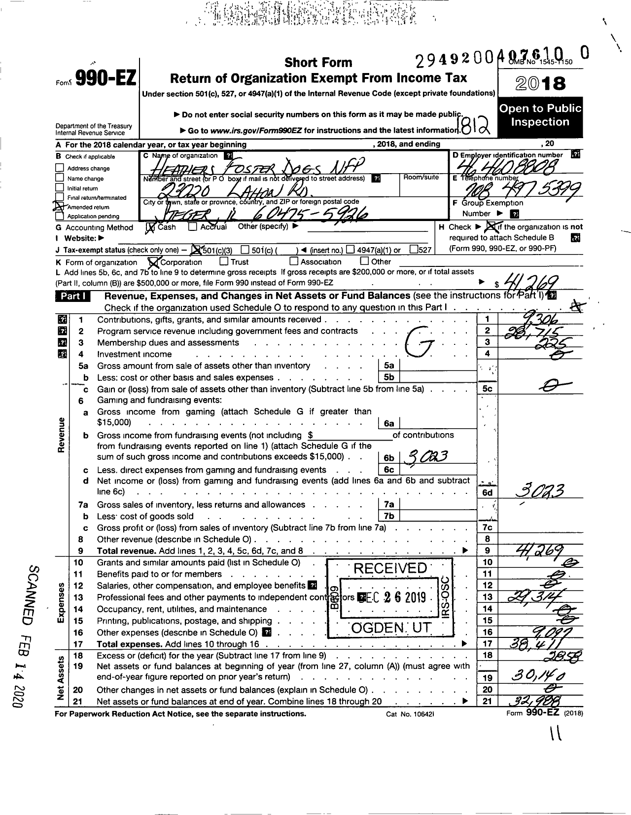 Image of first page of 2018 Form 990EZ for Heathers Foster Dogs NFP