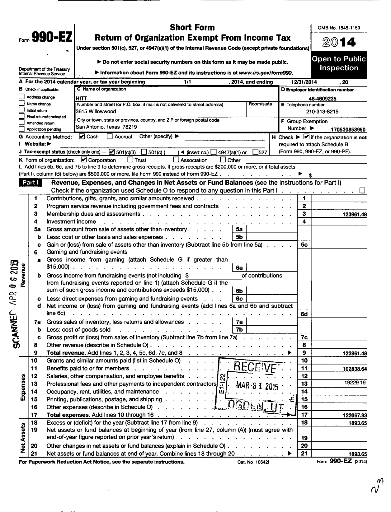 Image of first page of 2014 Form 990EZ for Hitt