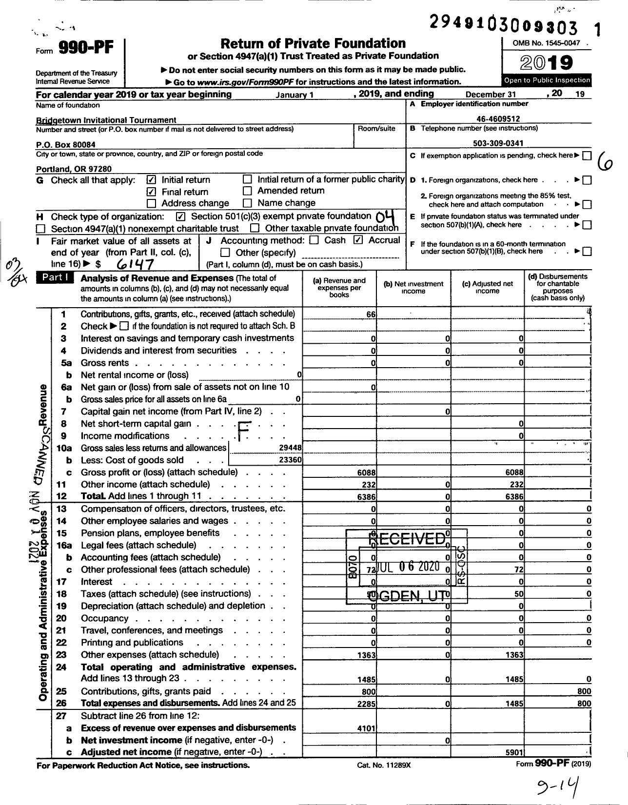 Image of first page of 2019 Form 990PF for Bridgetown Invitational Tournament (BIT)