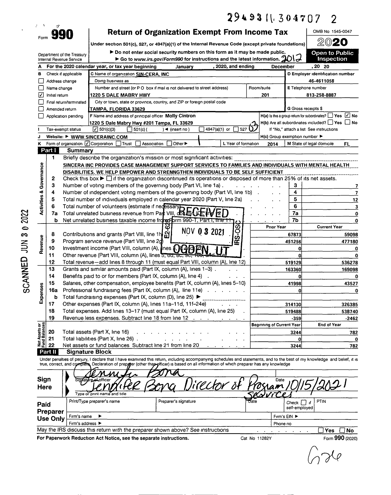 Image of first page of 2020 Form 990 for Sin Cera