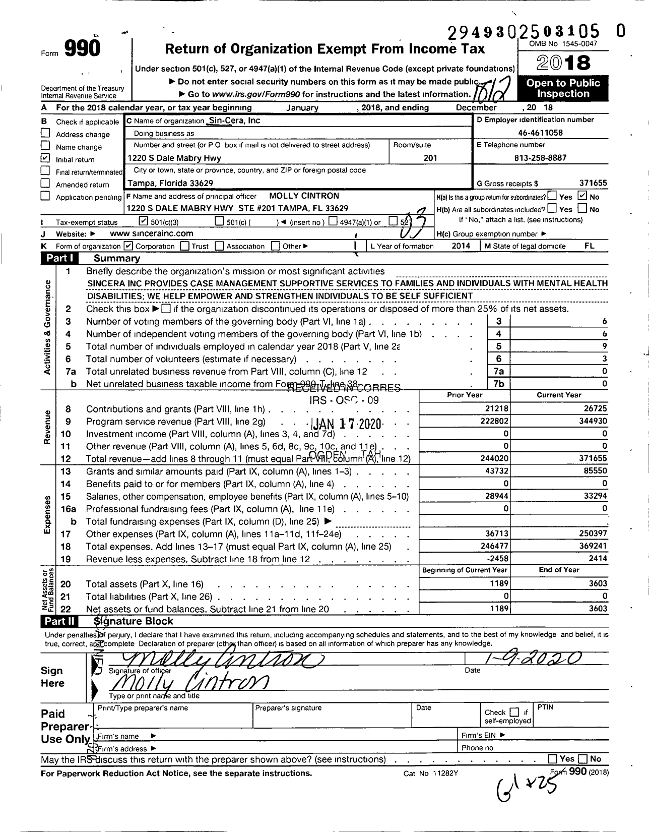 Image of first page of 2018 Form 990 for Sin Cera