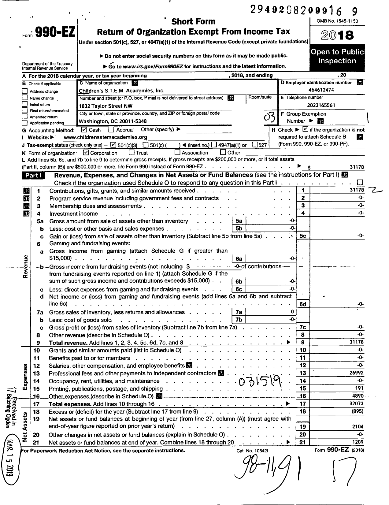 Image of first page of 2018 Form 990EZ for Childrens Stem Academies