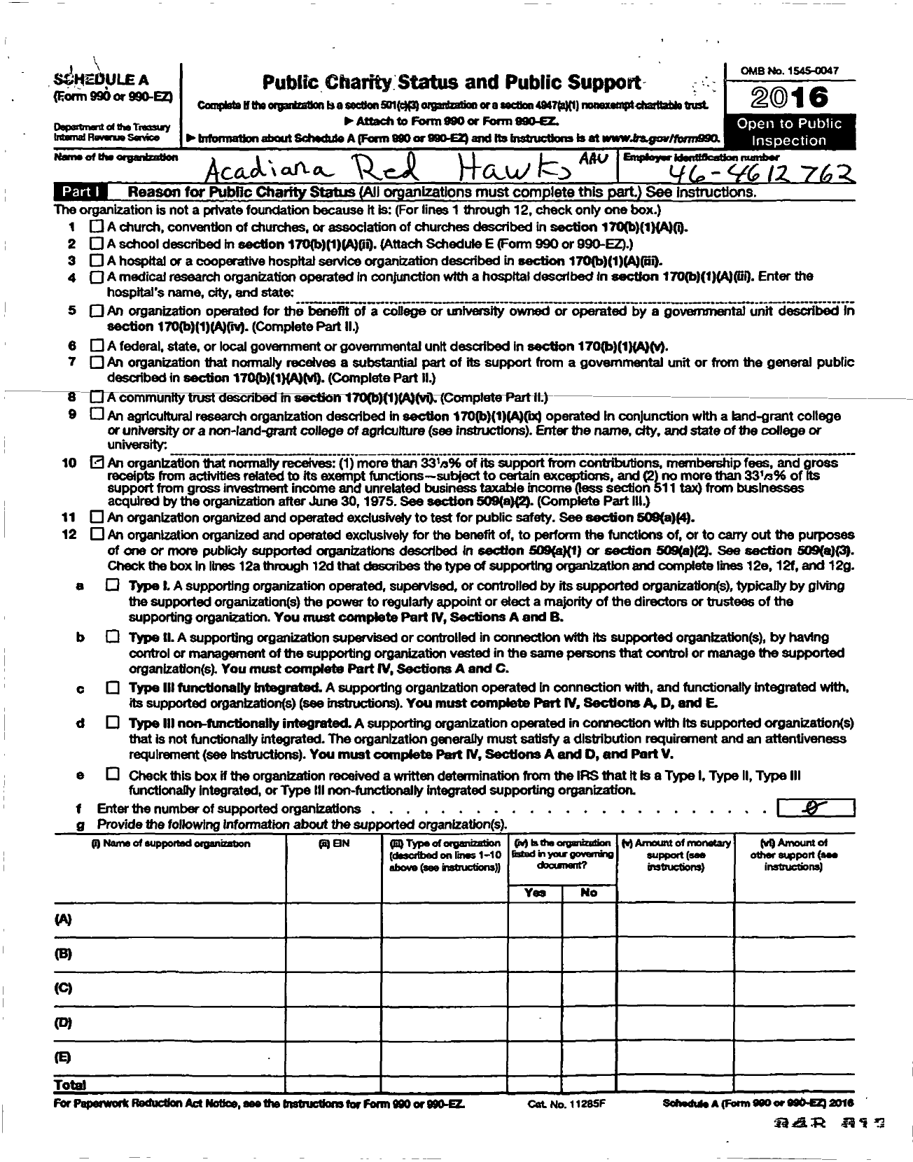 Image of first page of 2015 Form 990ER for Amateur Athletic Union - Acadiana Red Hawks