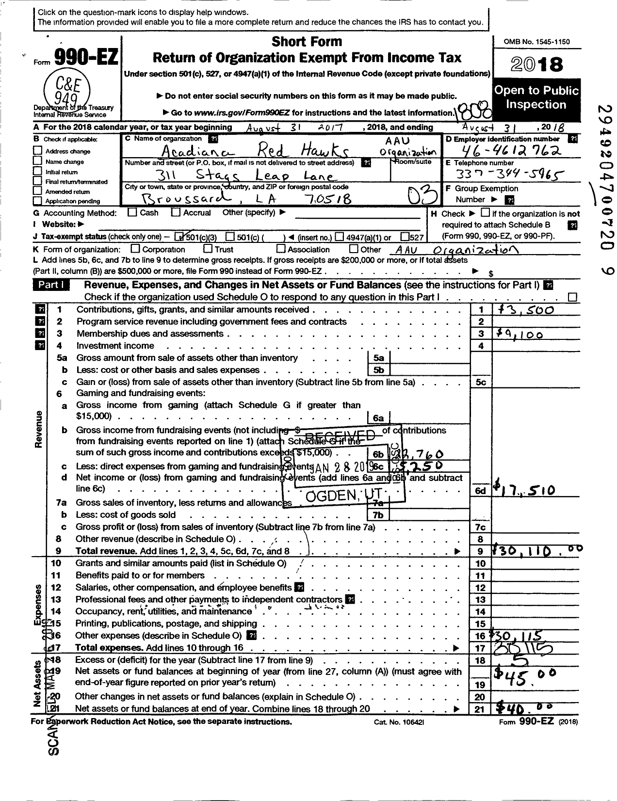 Image of first page of 2017 Form 990EZ for Amateur Athletic Union - Acadiana Red Hawks