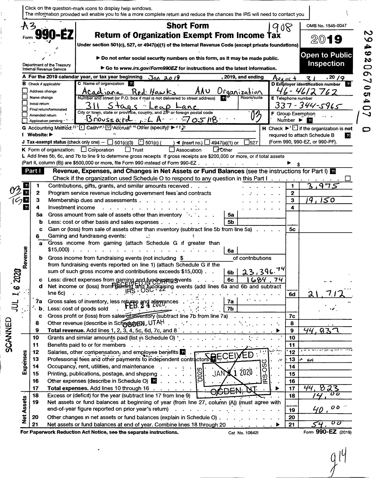 Image of first page of 2018 Form 990EZ for Amateur Athletic Union - Acadiana Red Hawks