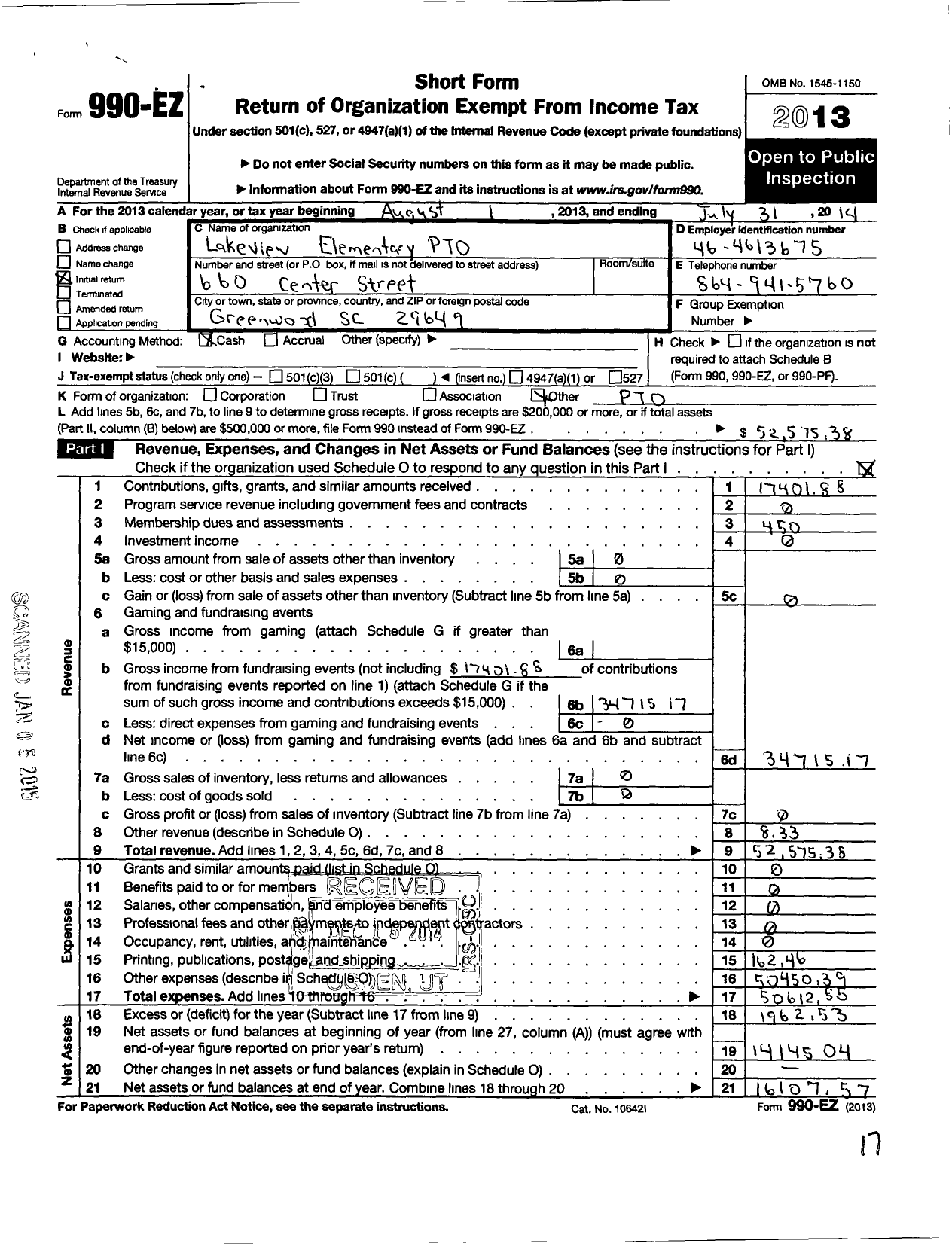 Image of first page of 2013 Form 990EO for Lakeview Elementary Pto