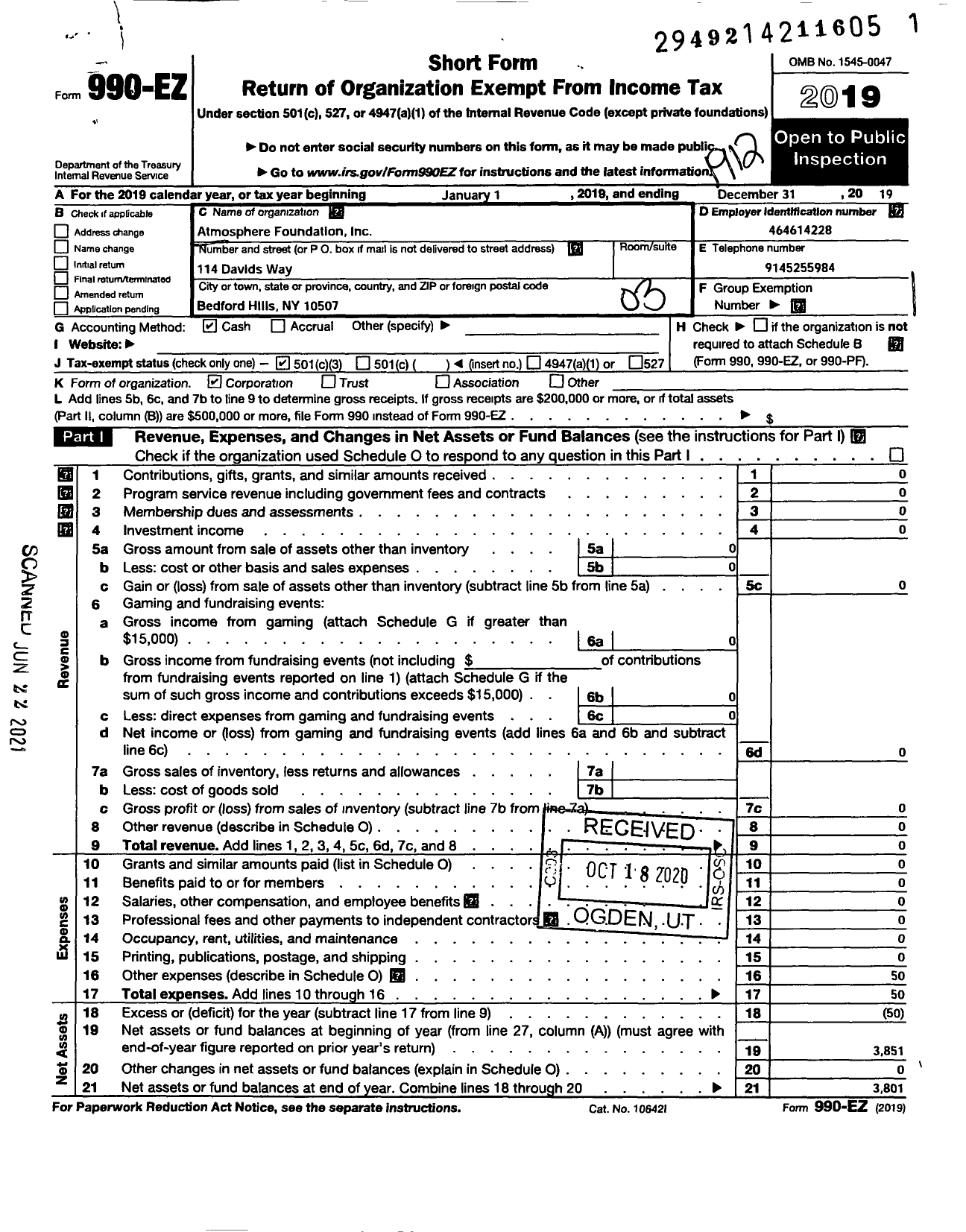 Image of first page of 2019 Form 990EZ for Atmosphere Foundation