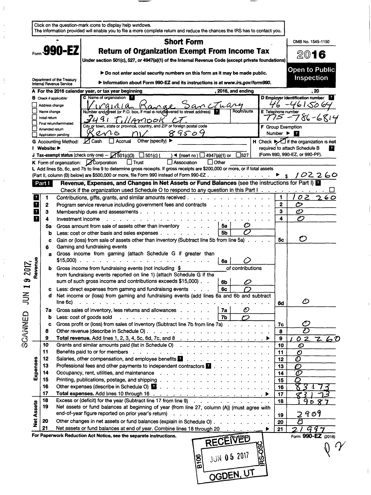 Image of first page of 2016 Form 990EZ for Virginia Range Sanctuary