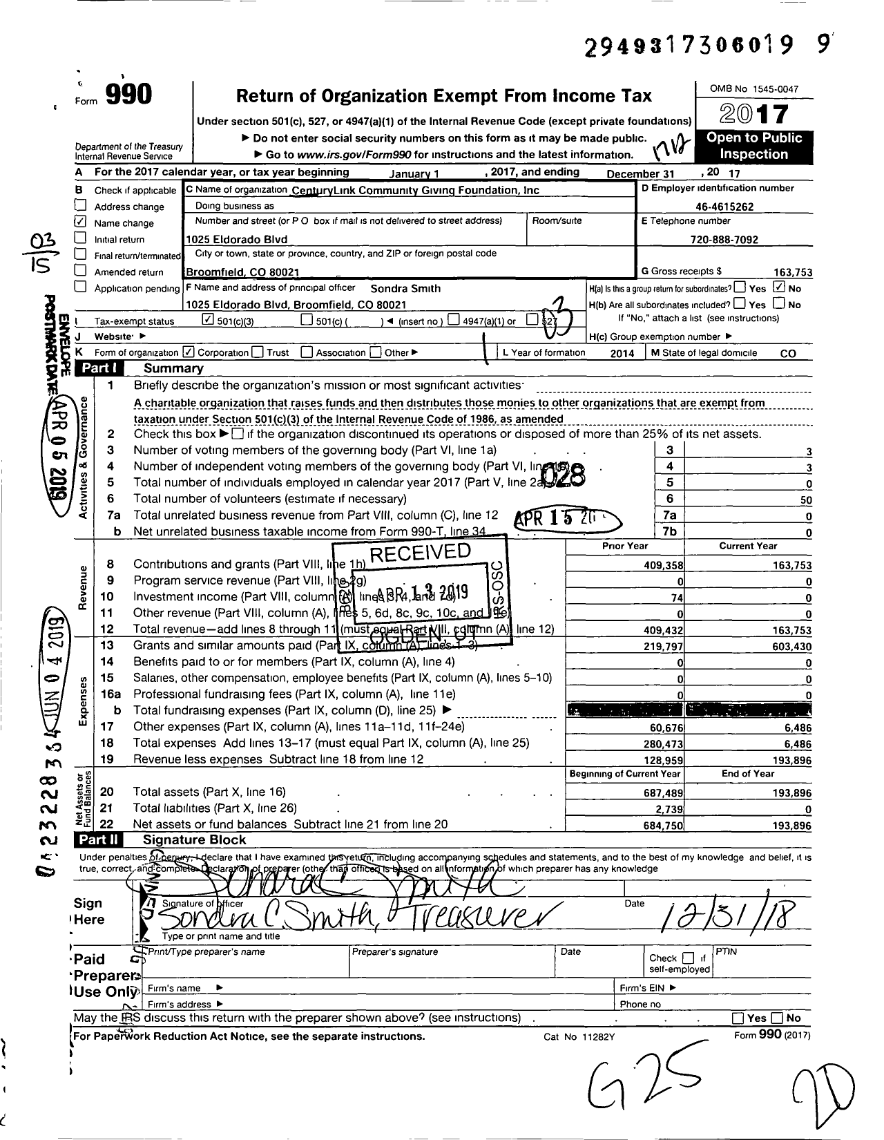 Image of first page of 2017 Form 990 for Centurylink Community Giving Foundation