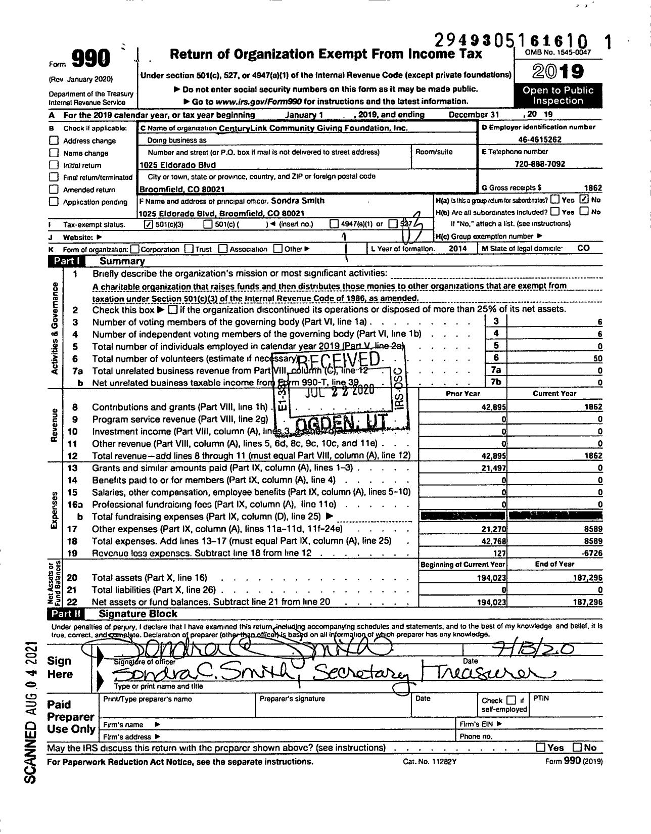 Image of first page of 2019 Form 990 for Centurylink Community Giving Foundation