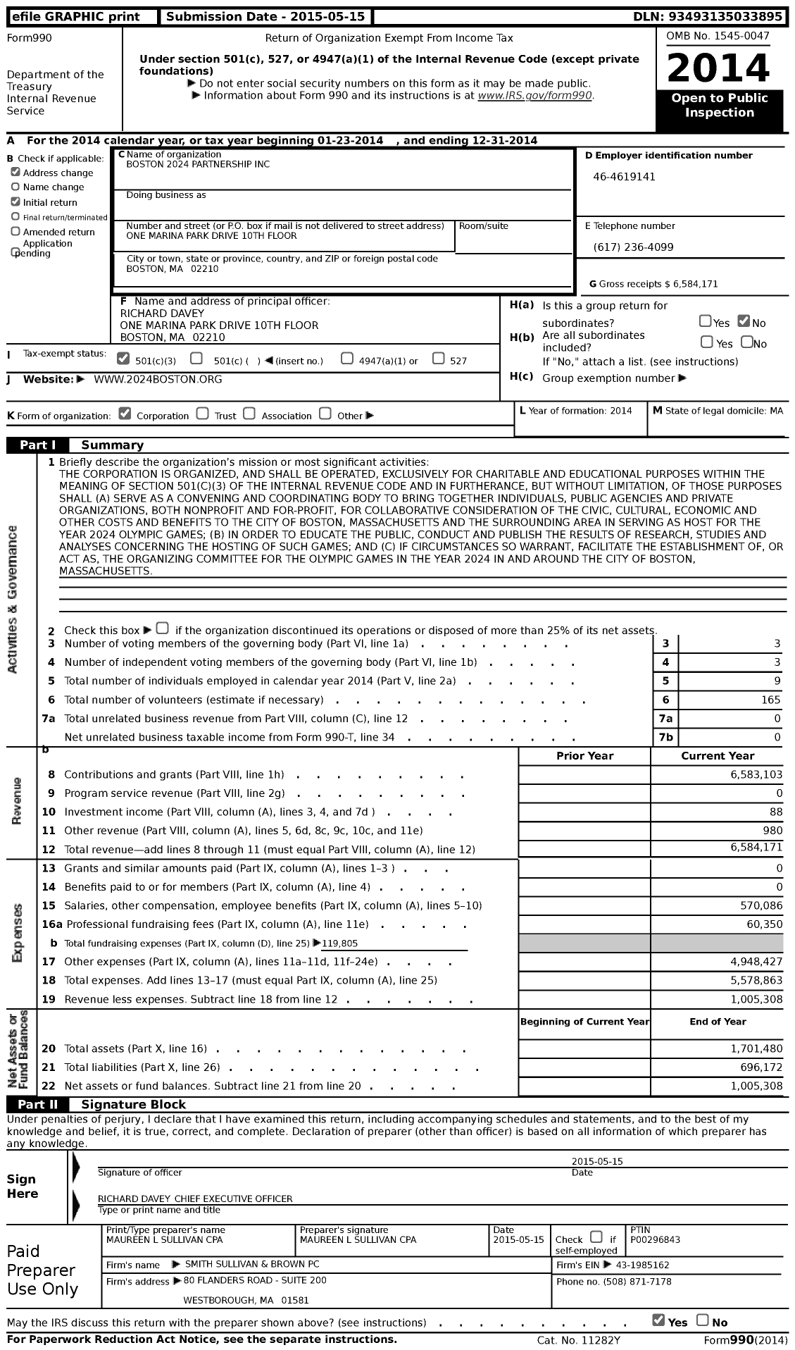 Image of first page of 2014 Form 990 for Boston 2024 Partnership