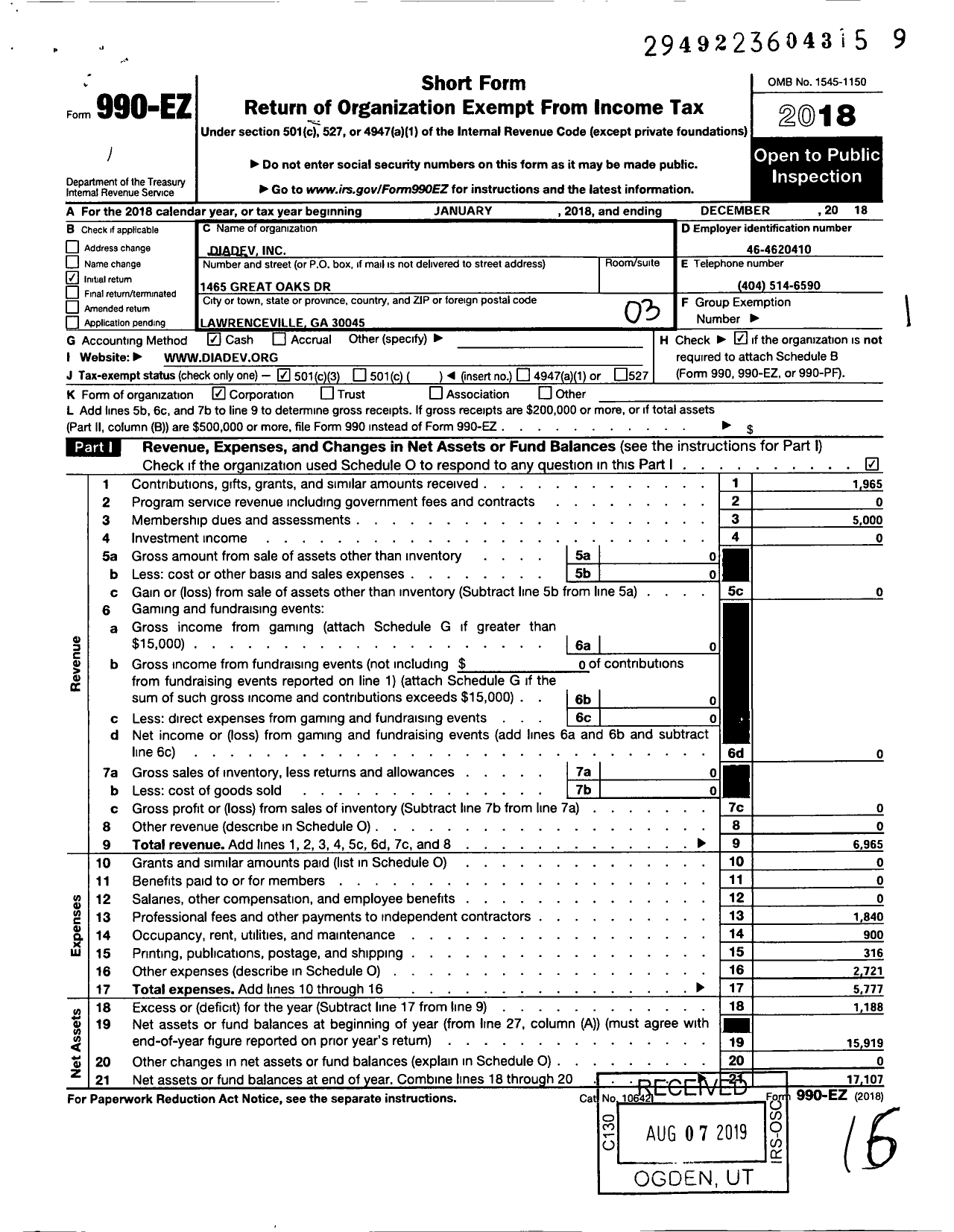 Image of first page of 2018 Form 990EZ for Diadev