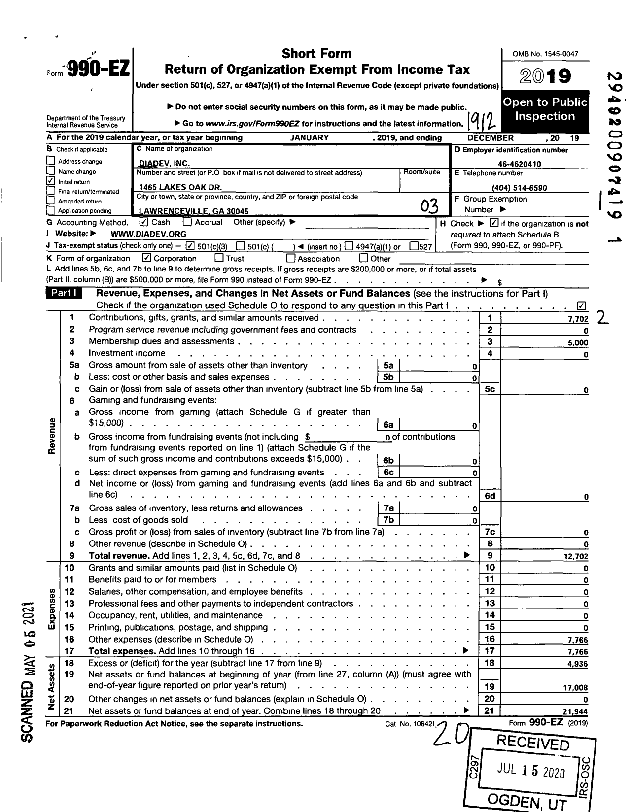 Image of first page of 2019 Form 990EZ for Diadev