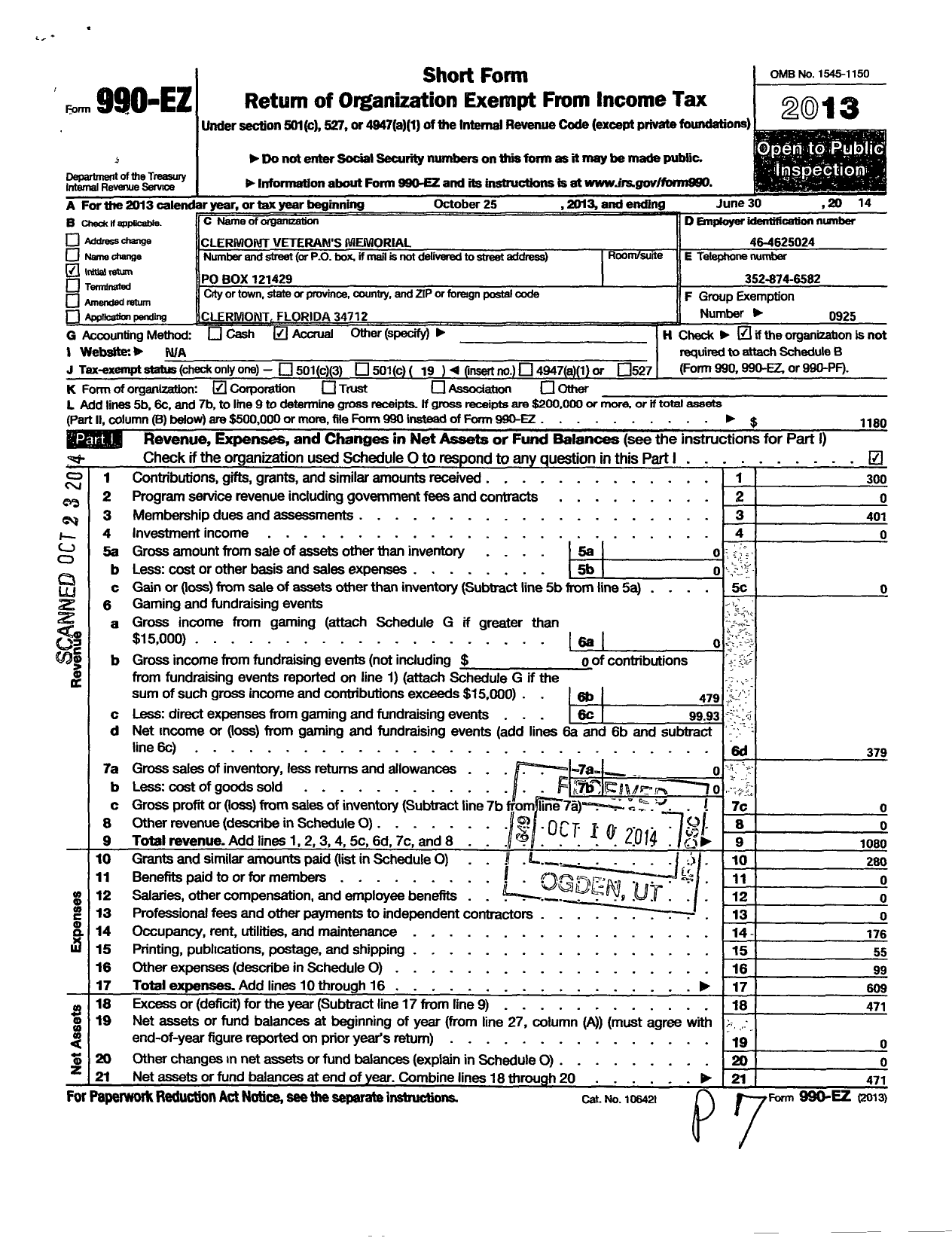 Image of first page of 2013 Form 990EO for American Legion - 357 Post Clermont Veterans Memorial