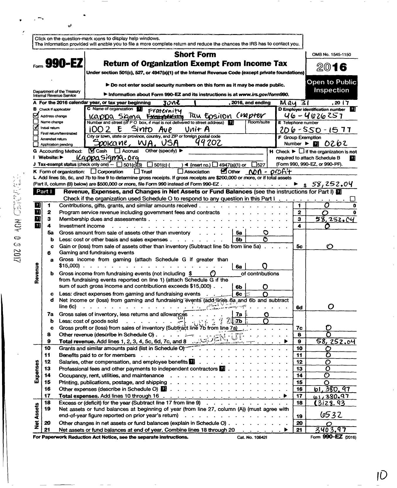 Image of first page of 2016 Form 990EO for Kappa Sigma Fraternity Tau Epsilon Chapter